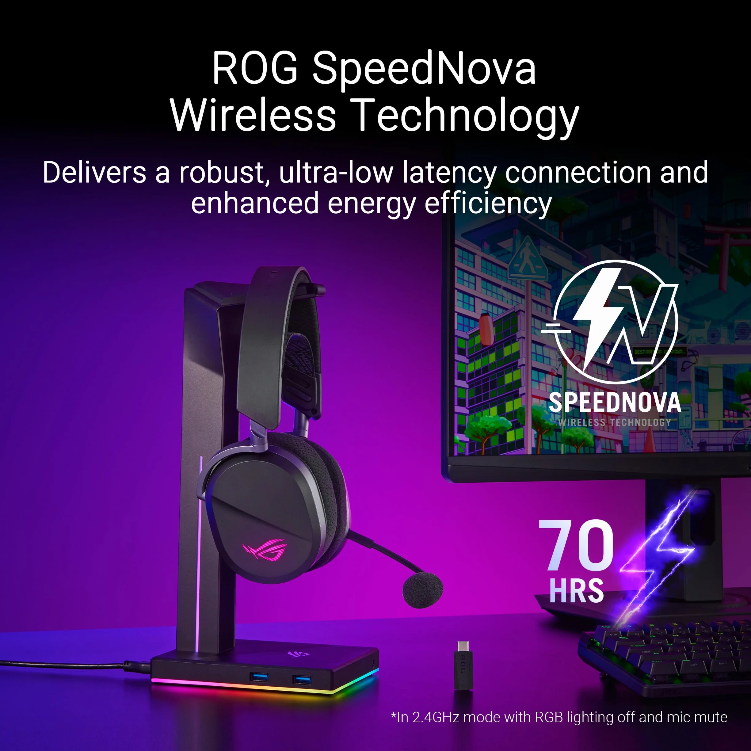ASUS ROG Pelta bezprzewodowy zestaw słuchawkowy do gier RGB (ROG SpeedNova, Bluetooth, 2,4 GHz, USB-C, przetworniki membrany tytanowej 50 mm, ROG, super szerokopasmowy mikrofon boom 10 mm, lekki 309