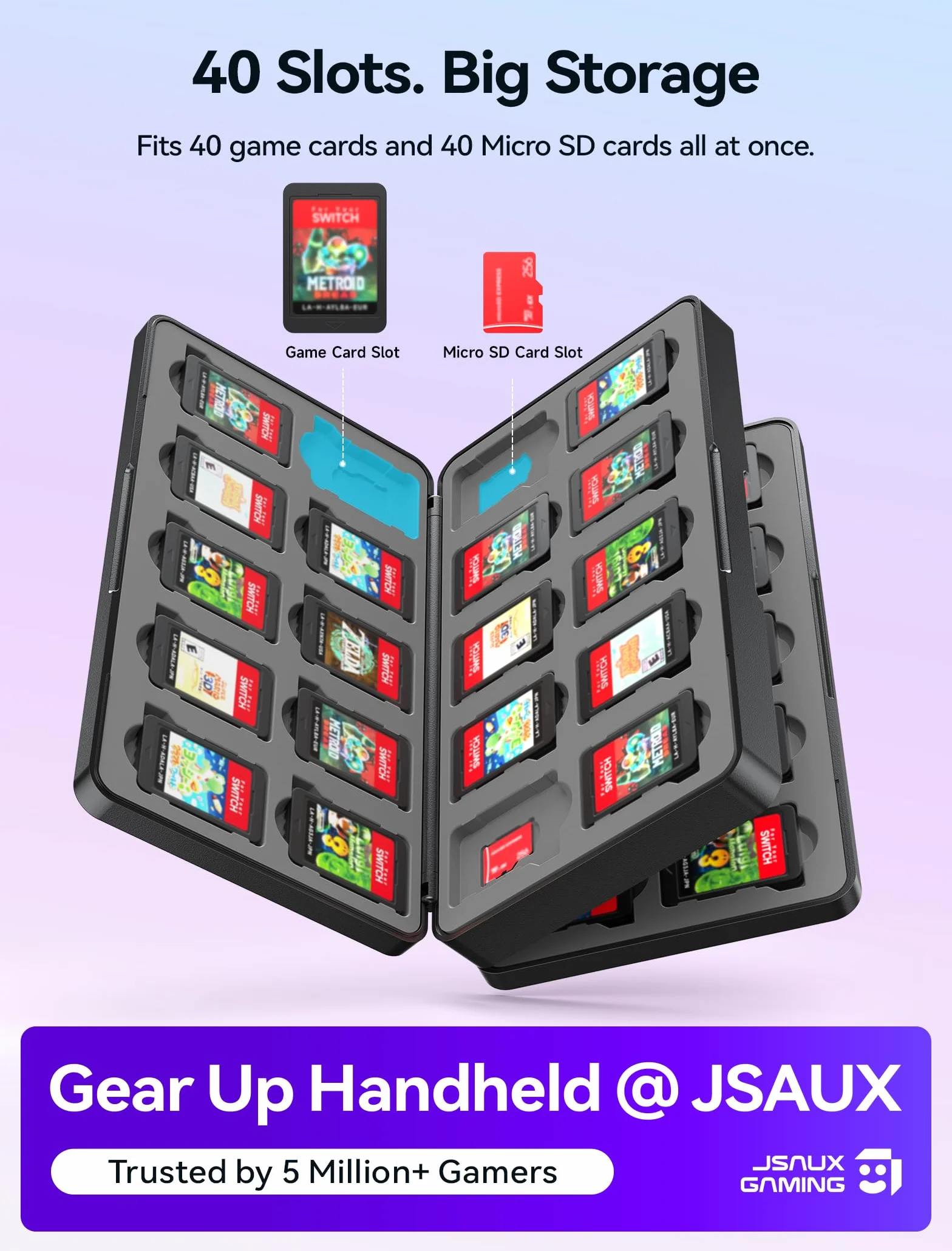 JSAUX Etui do przechowywania kart do gier, pomieści 40 kartridży do gier i 40 kart micro SD, organizer o dużej pojemności