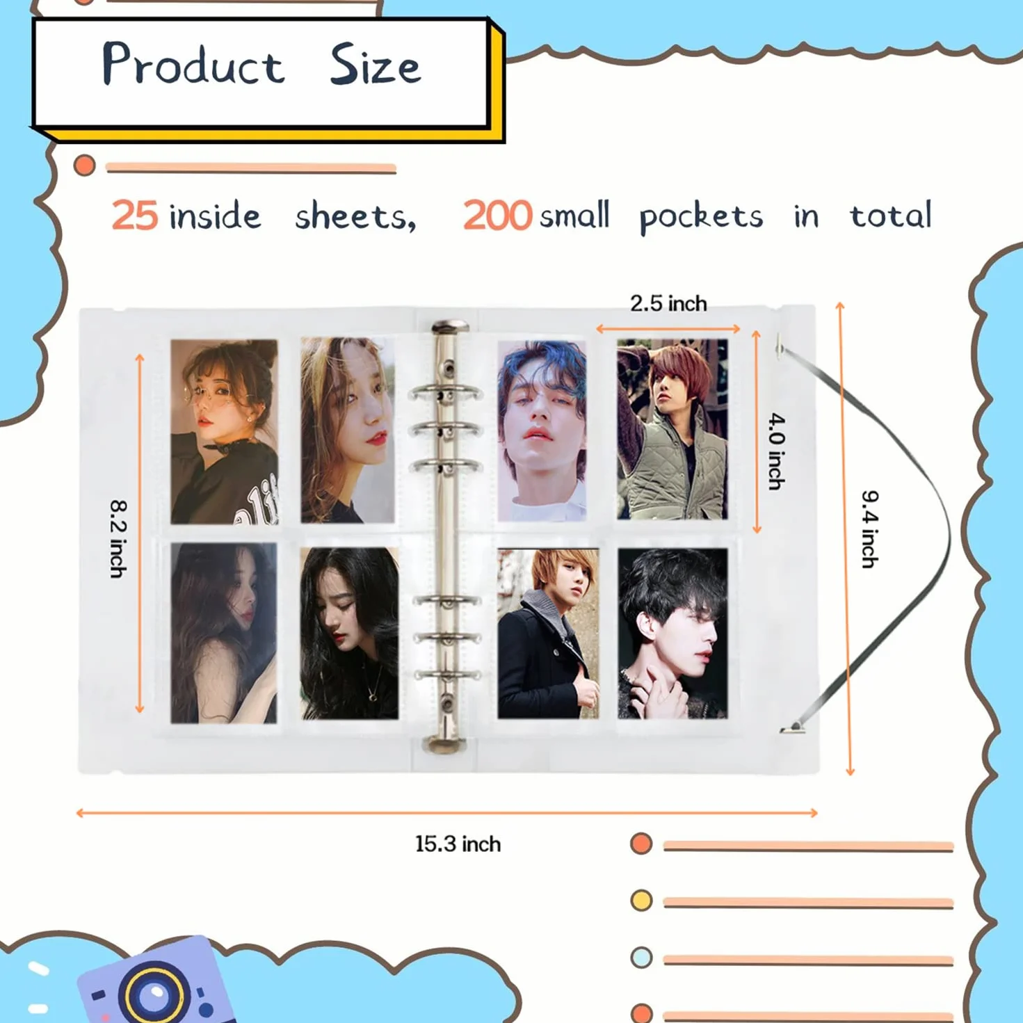 Segregator fotokartowy A5 Kpop 200 kieszeni 6-pierścieniowy przezroczysty album na fotokarty