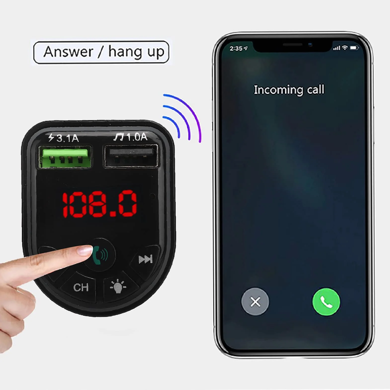 Samochodowy Nadajnik FM Bluetooth, Samochodowy Nadajnik FM Bluetooth 5.0 Odtwarzacz MP3 USB2.0 Ładowanie Telefonu z Kolorowym Oświetleniem Otoczenia, do Jazdy