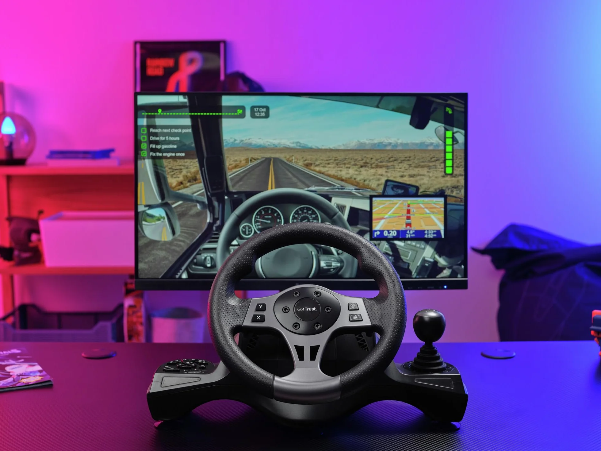 Trust Gaming GXTrust 289 Kierownica Gamingowa do PC Xbox Series X/S PS4 Nintendo Switch, Kierownica Wyścigowa z Pedałami Antypoślizgowymi, Dźwignią Zmiany Biegów i Manetkami, Farming Simulator / F1