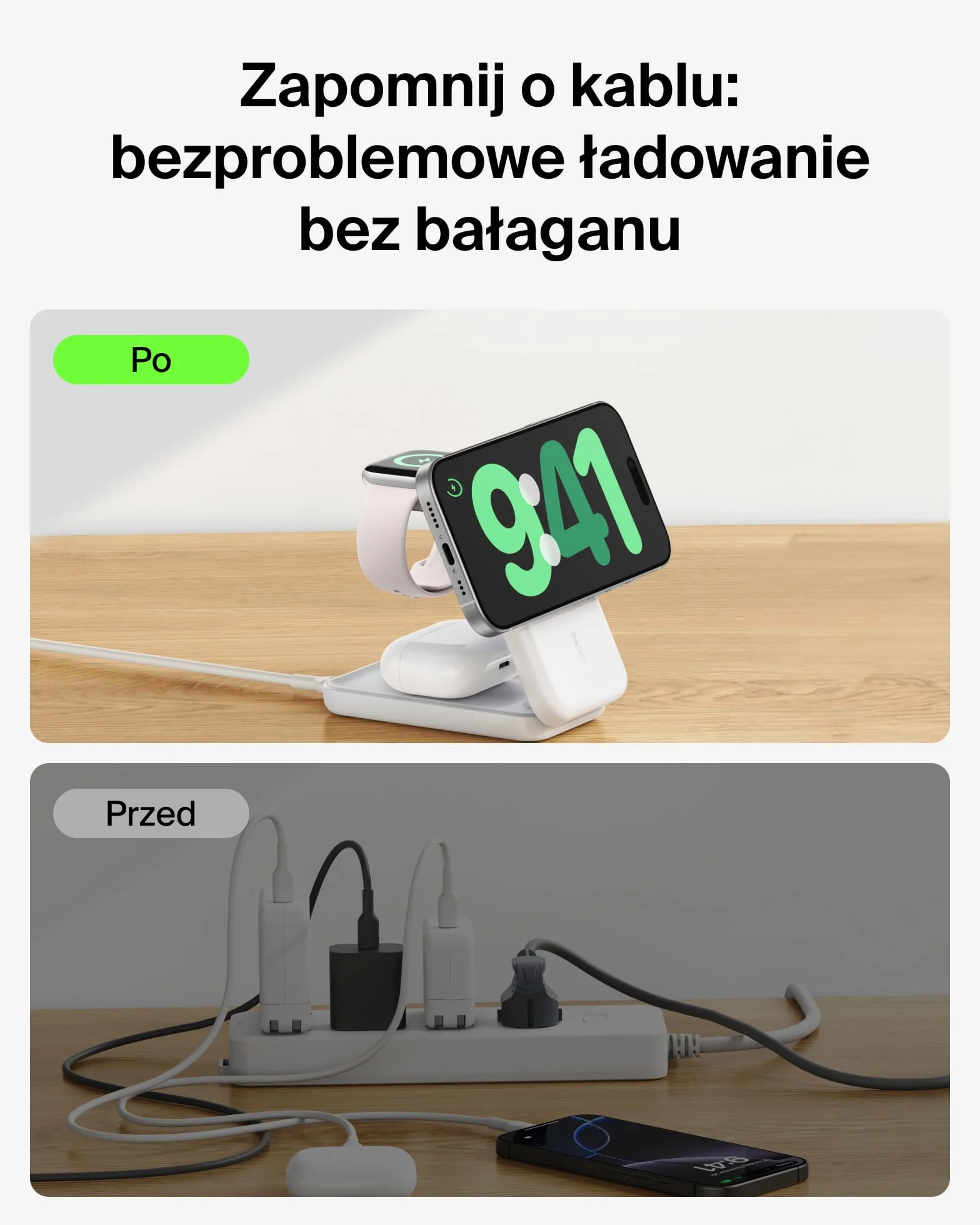 Belkin UltraCharge Qi2 Ładowarka Indukcyjna 3w1, 25W Bezprzewodowa Stacja Ładująca Zgodna z MagSafe do iPhone 16, Apple Watch, AirPods, Pixelsnap, Bezprzewodowa Ładowarka z Zasilaczem 45W, Biała