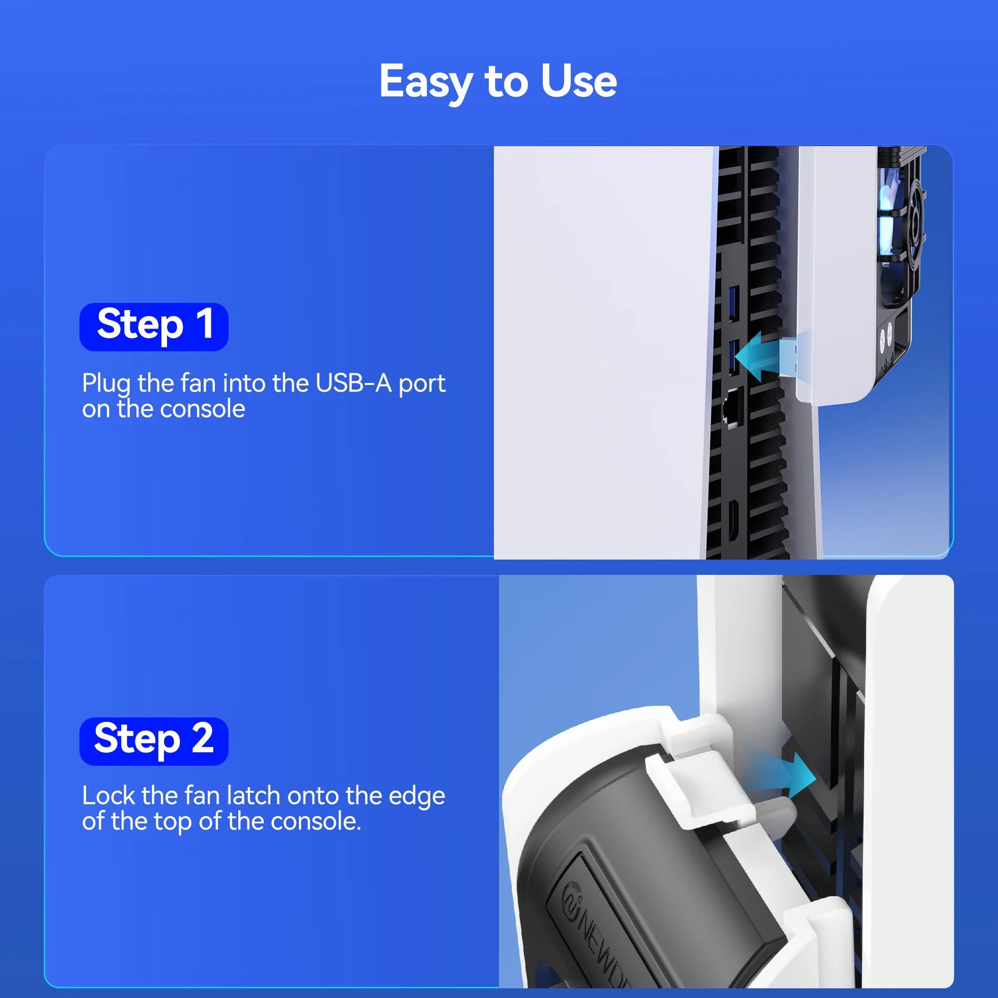 NEWDERY Wentylator do akcesoriów PS5, ulepszony cichy wentylator, automatyczna prędkość obrotowa dostosowana do temperatury, dynamiczne oświetlenie RGB, pasuje do PlayStation 5, nie pasuje do PS5 Slim
