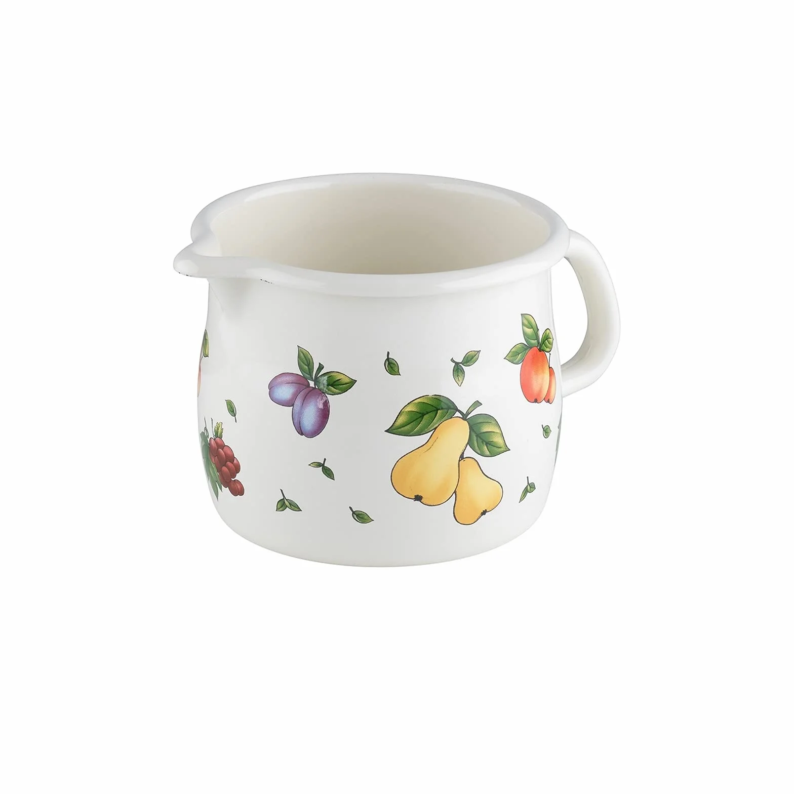 RIESS, 0094-068 Garnek z dziobem, wypukły, 12 1,0 l, Country – Fruit Garden, średnica 12 cm, pojemność 1,0 l, wysokość 11,3 cm, emaliowana, biała z dekoracją owocową, indukcyjna