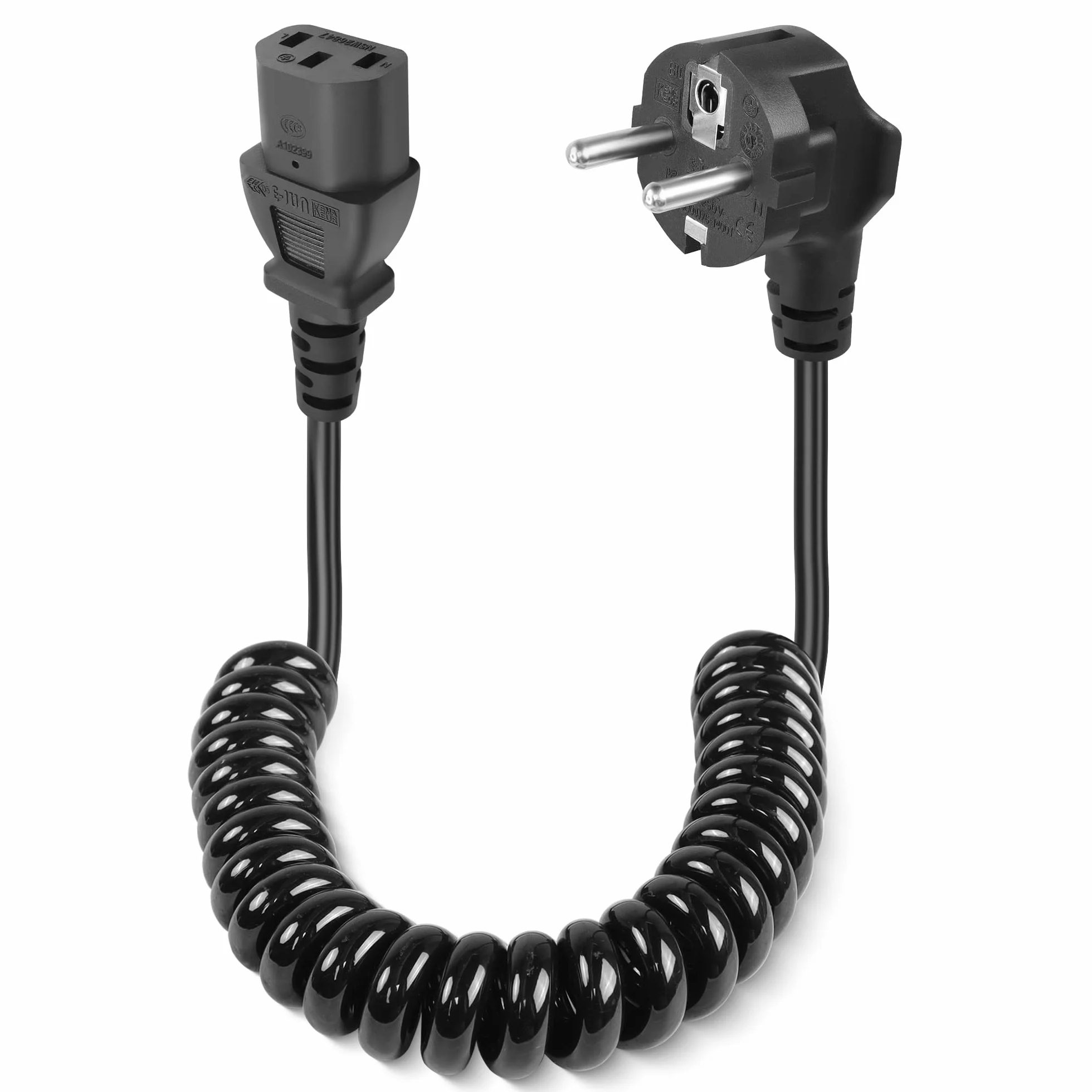GELRHONR 90° Wygięty kabel zasilający do urządzeń zimnych CEE 7/7 na C13, spiralny kabel zasilający do monitorów, komputerów, drukarzy, skanerów, telewizorów