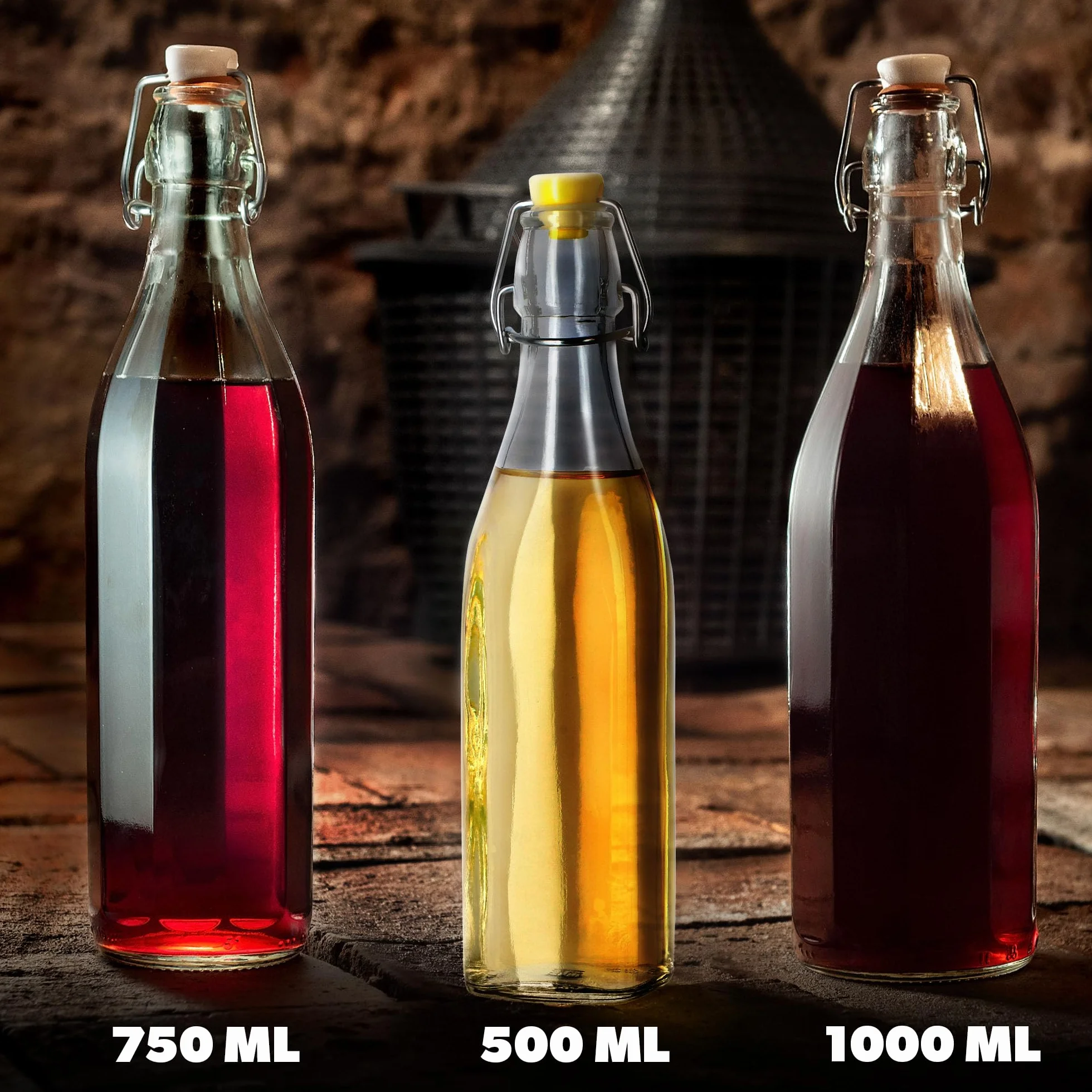 KADAX Zestaw 3 szt. Butelki z zamknięciem mechanicznym 1000 ml, szczelny korek z uszczelką, wytrzymałe szkło wielorazowe, do soków, nalewek i wody