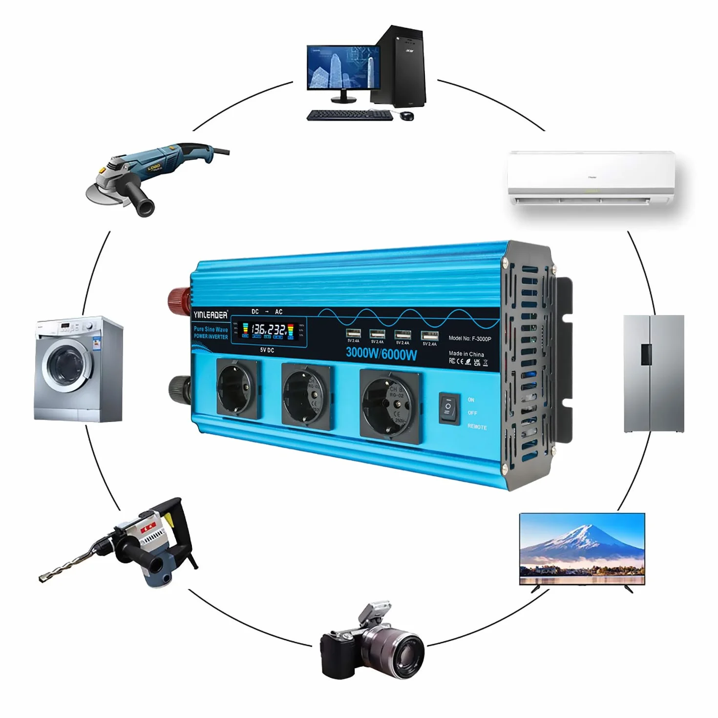 Przetwornica napięcia, 3000 W/6000 W, czysta sinusoida, 12 V, 230 V, z 3 europejskimi gniazdami i 4 portami USB, wyświetlacz LCD