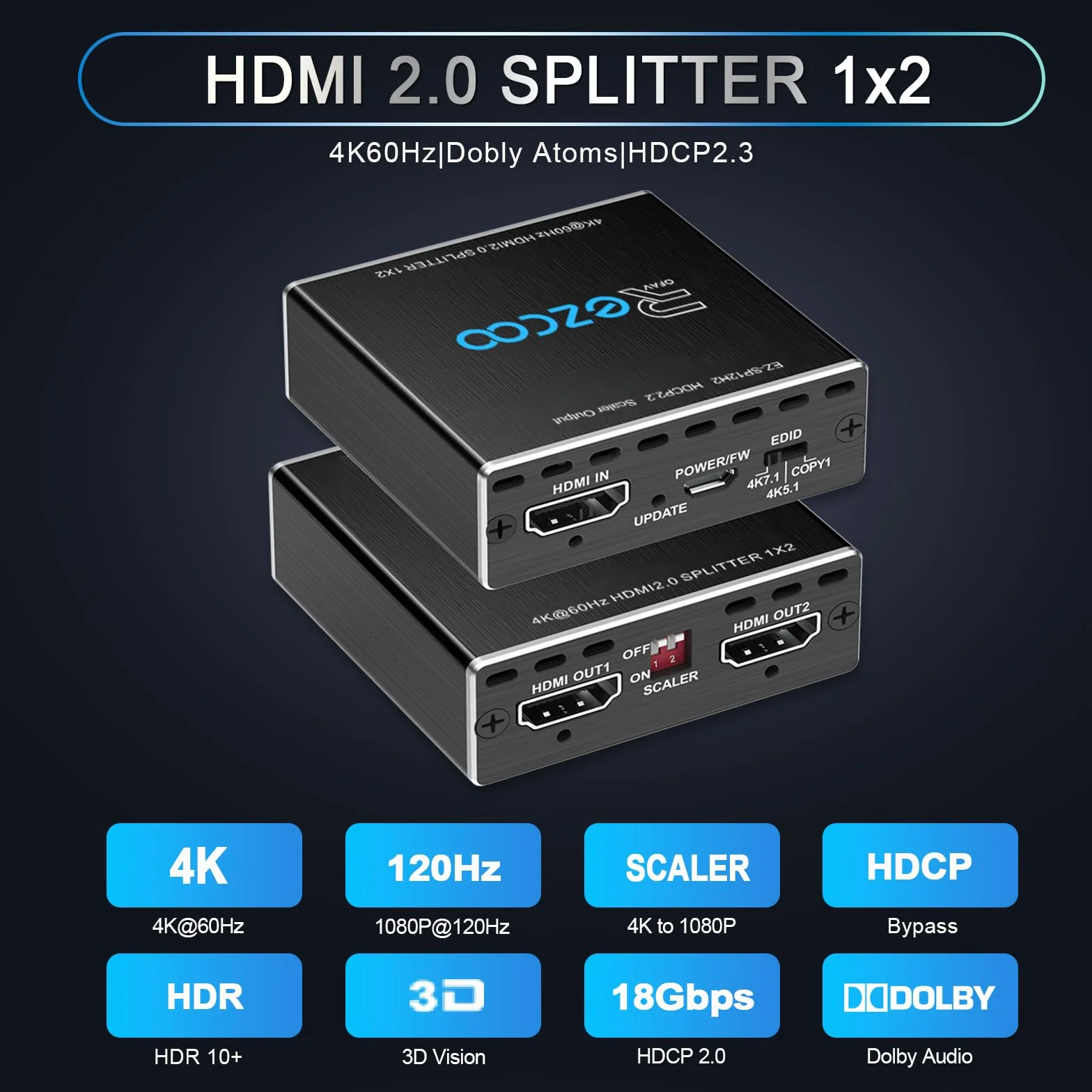 Rozdzielacz HDMI 1 in 2 Out 4K 60Hz HDMI Splitter 1080P 120Hz 4:4 HDR D-olby Vision D-olby Atmos Scaler 4K 1080P, oprogramowanie sprzętowe HDCP2.2, przełącznik Scaler EDID, USB Power