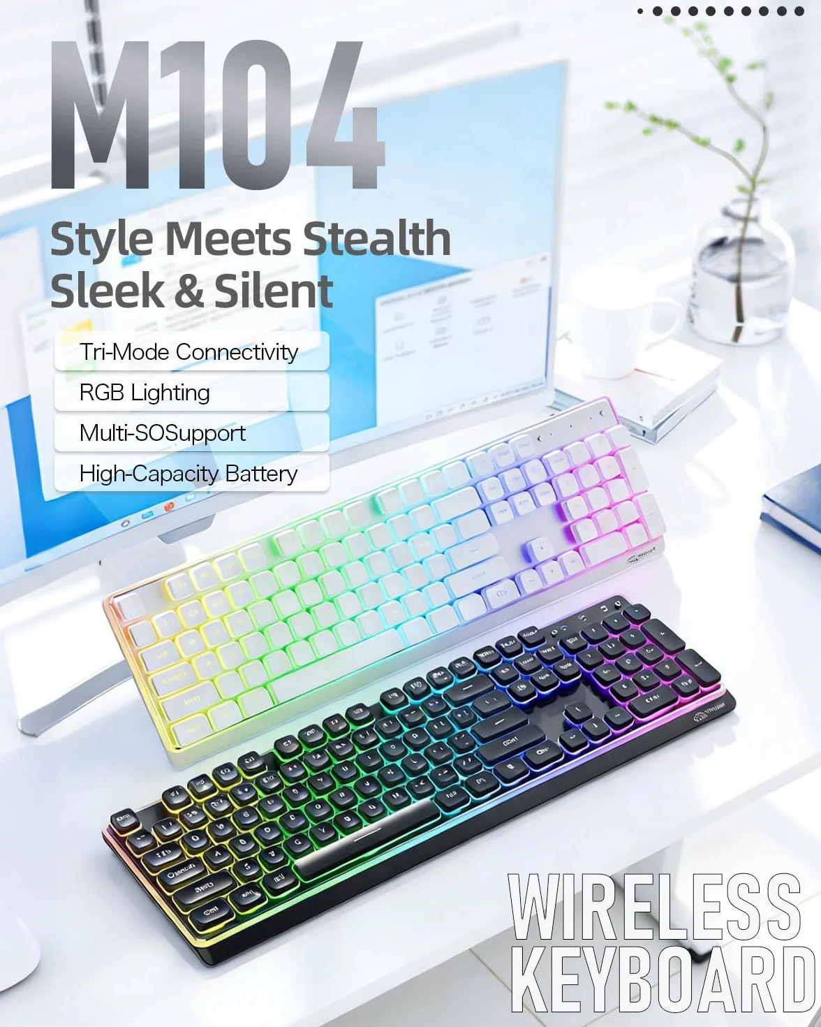 ZIYOU LANG x FREEWOLF M104 Wireless Keyboard, Triple Mode 75% Gaming Office Keyboard with RGB Backlit, 4000mAh Rechargeable, Compatible with Windows/Mac