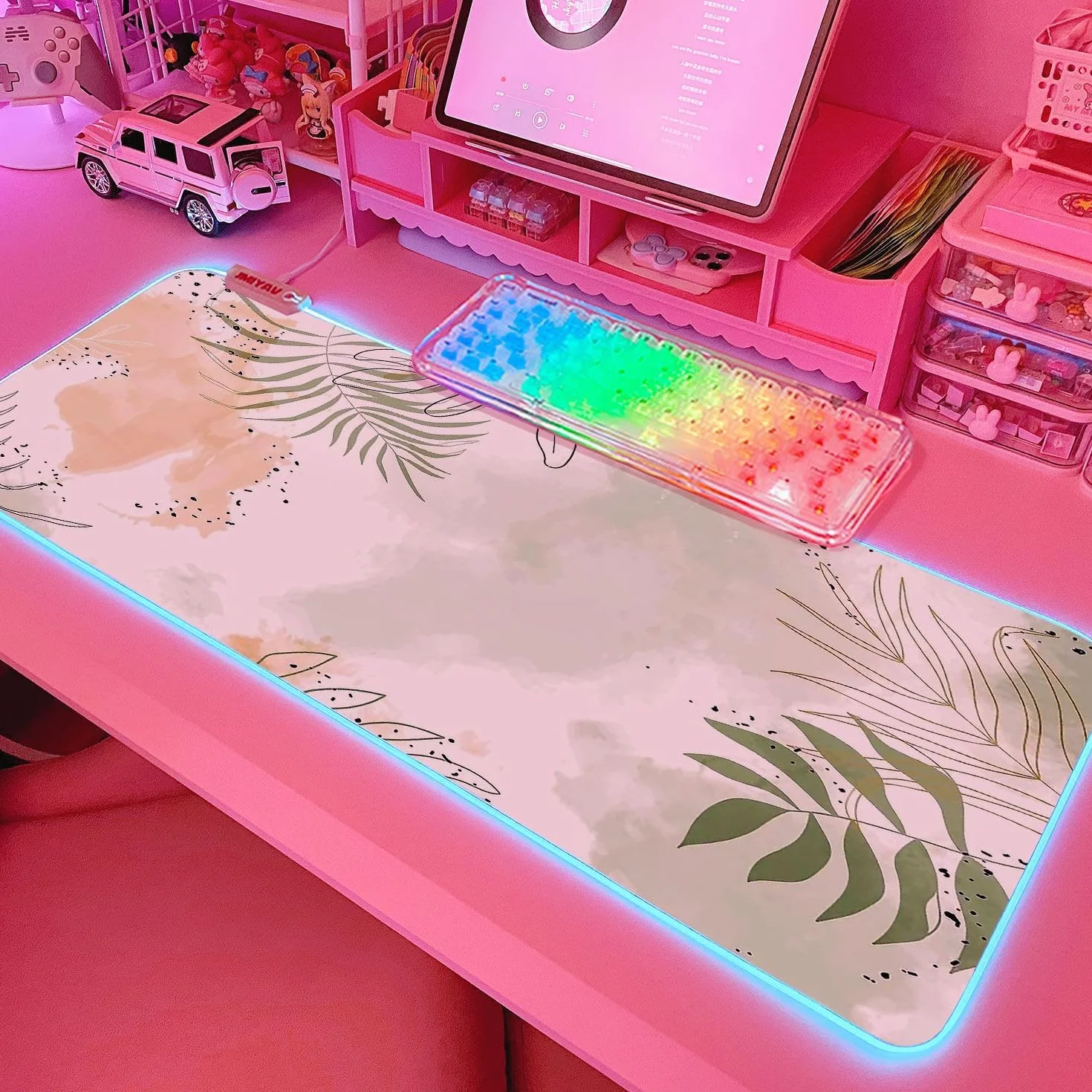 JMIYAV Biała RGB Gaming podkładka pod mysz LED rozszerzona duża czarna antypoślizgowa guma XL XXL mata dla graczy