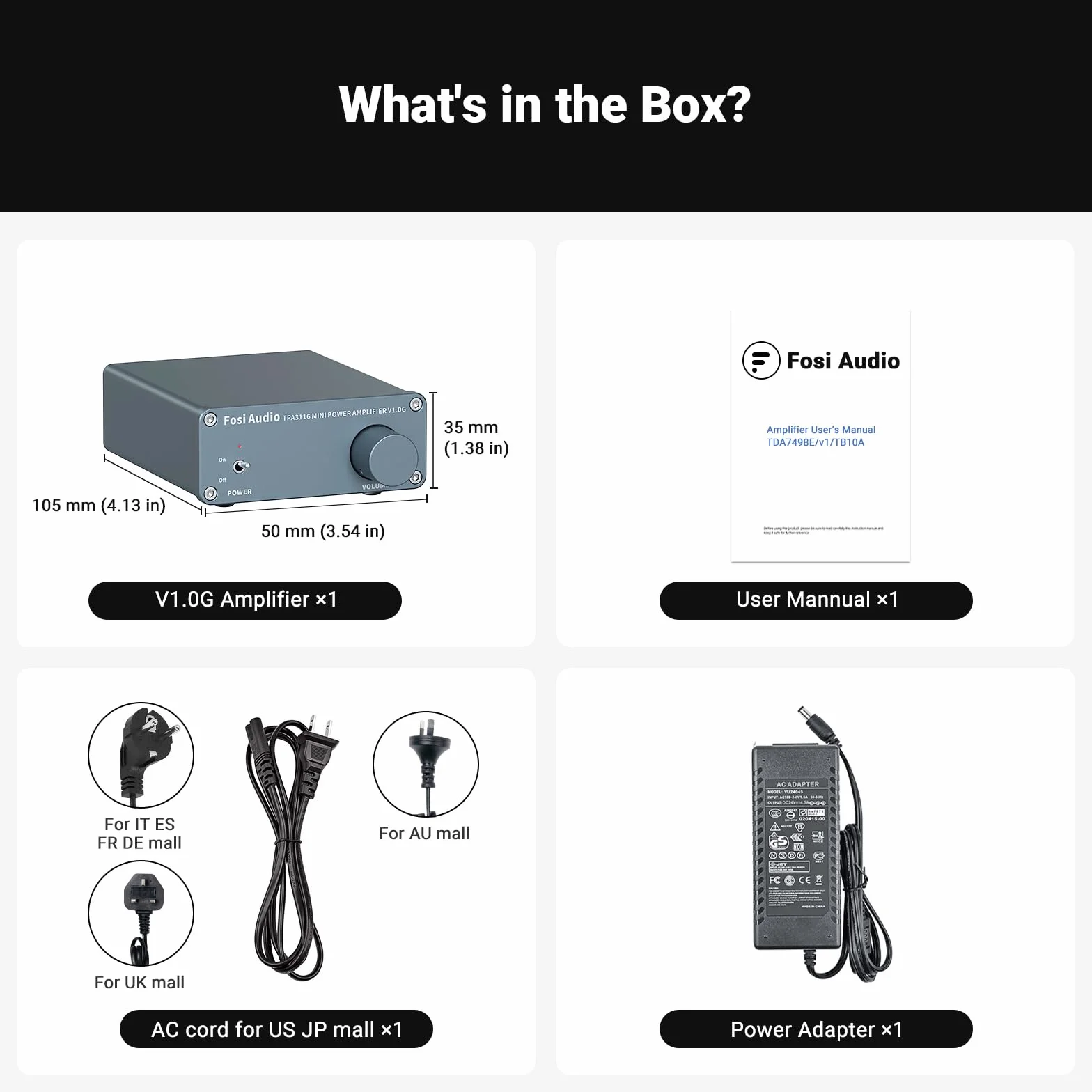 Fosi Audio V1.0G 2-kanałowy wzmacniacz audio stereo mini klasy Hi-Fi zintegrowany TPA3116 Amp do głośników domowych 50 W x 2, z zasilaczem 19 V 4,74 A