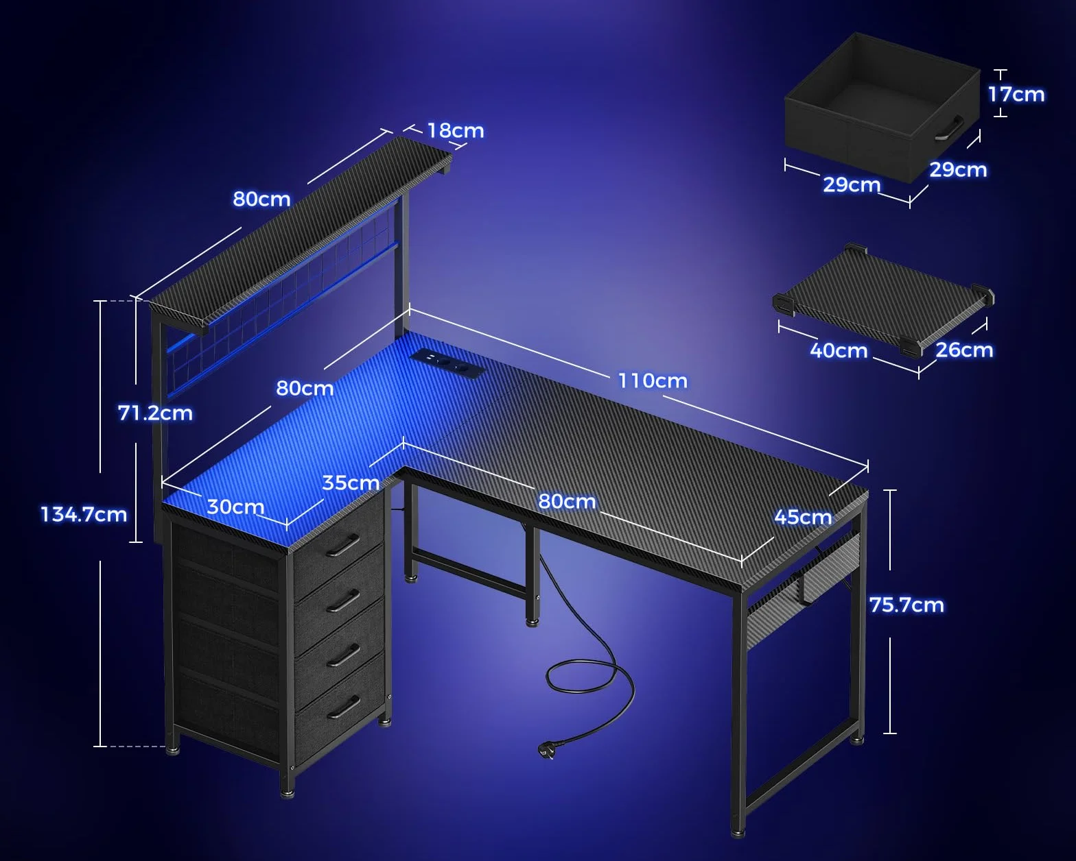 Coleshome Biurko Gamingowe z LED, Odwracalny Stół do Gier z Szufladami i Gniazdkami, Narożne Biurko z Miejscem do Przechowywania (Czarny Węglowy, 110×80 cm)