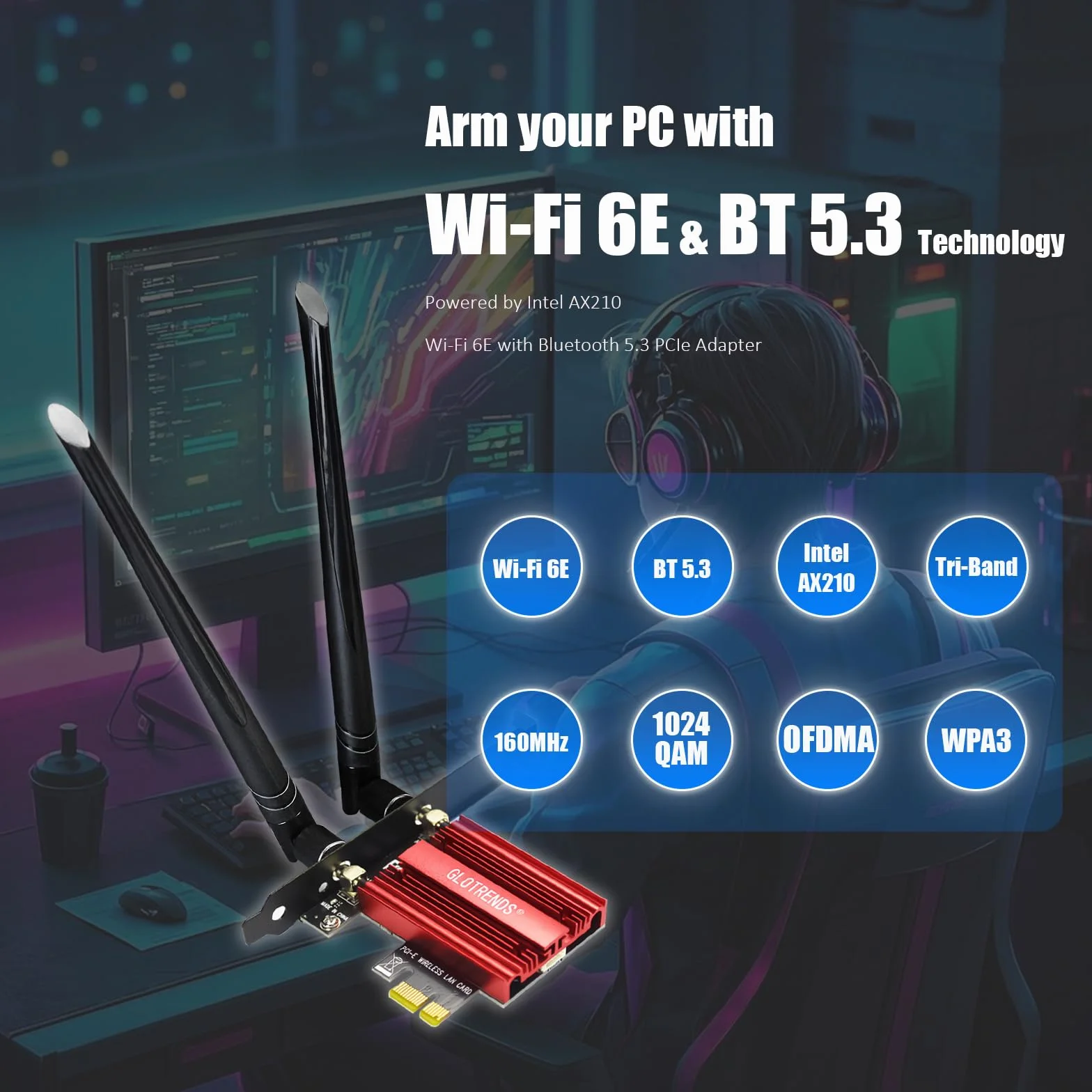 GLOTRENDS AX5400 WiFi 6E Karta PCIe z niskoprofilowym uchwytem do komputera stacjonarnego, chipset Intel AX210, 802.11ax, Bluetooth 5.3, obsługa Windows 11/10/Linux, nie obsługuje Mac OS/Windows 7/XP