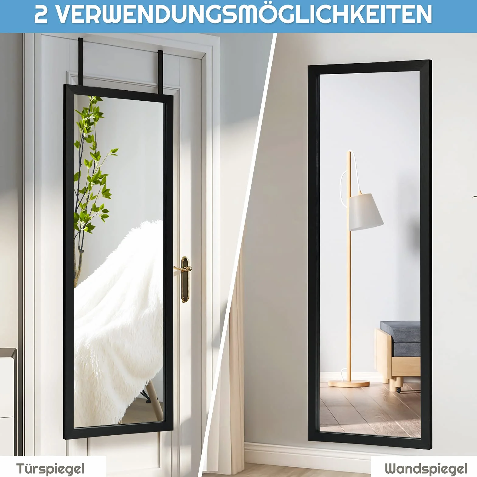 COSTWAY Lustro ścienne na drzwi, lustro wiszące, na całe ciało, z hakami wiszącymi z regulacją wysokości, do sypialni, salonu i wejścia, 120 x 37 cm (czarne)