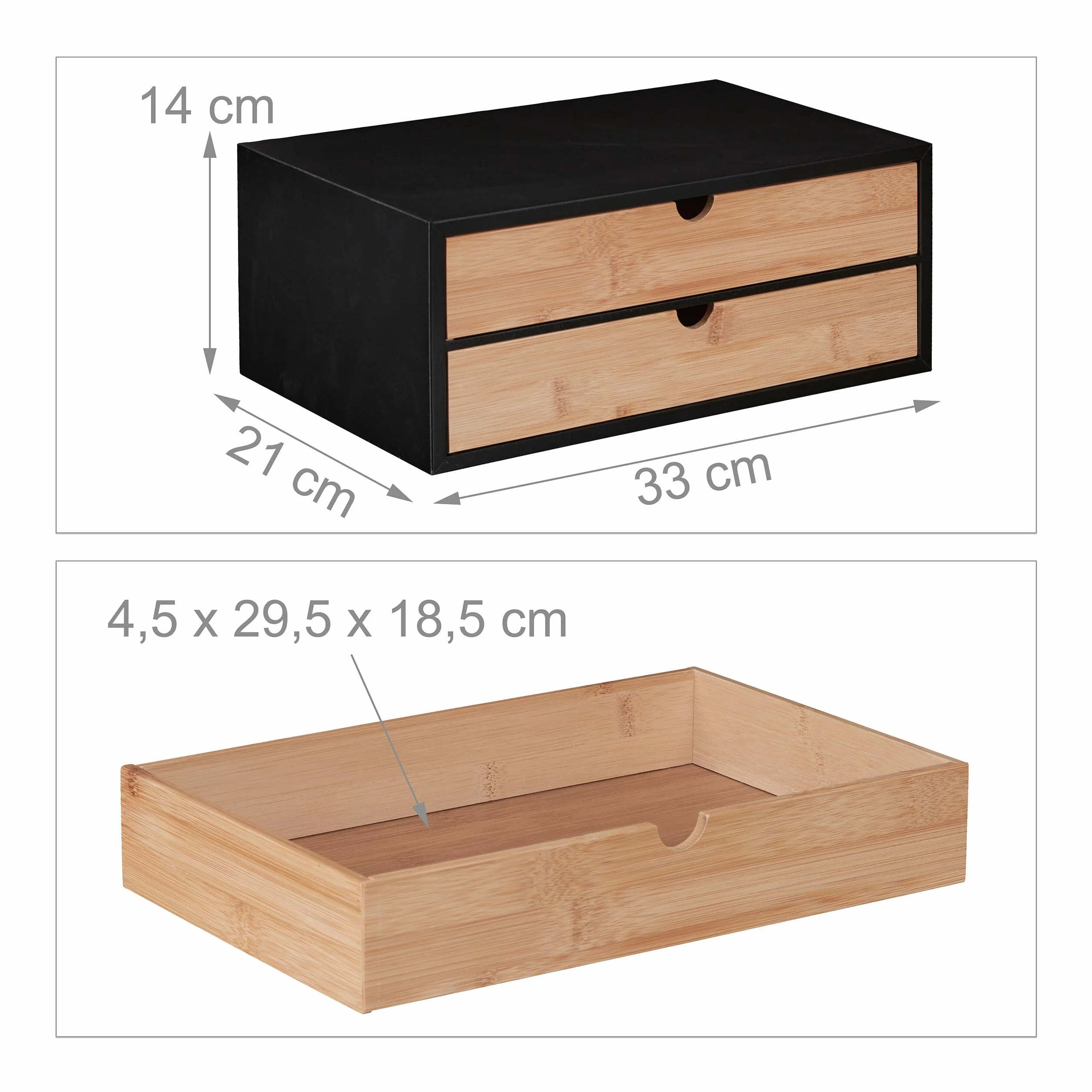 Relaxdays Pudełko z szufladami, bambus i MDF, mini komoda, 2 szuflady, wys. x szer. x gł.: 14 x 33 x 21 cm, organizer na biurko, czarny/naturalny