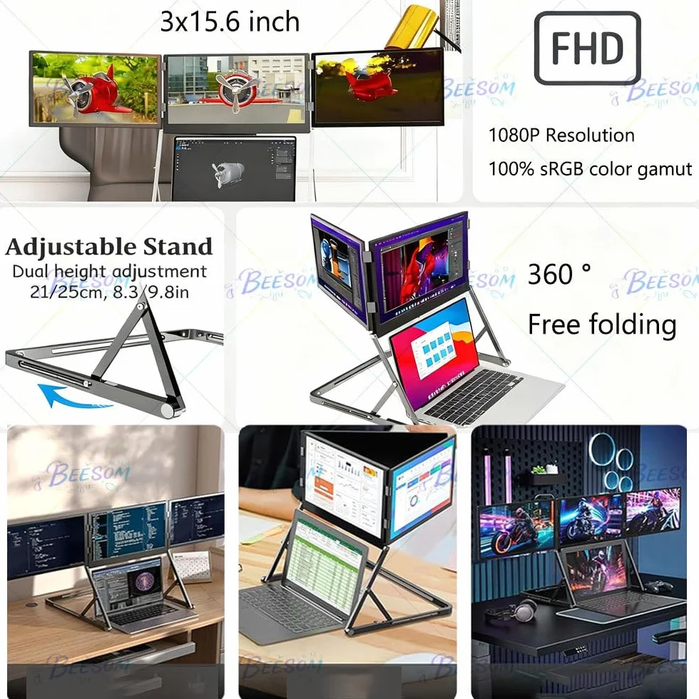 Rozszerzenie ekranu laptopa Quad Screen Extender, 14-calowy przenośny monitor HD 1080p Triple, automatyczna regulacja szerokości + obrót o 360°,funkcja Plug-Play dla laptopów 14-15,6” 15.6in
