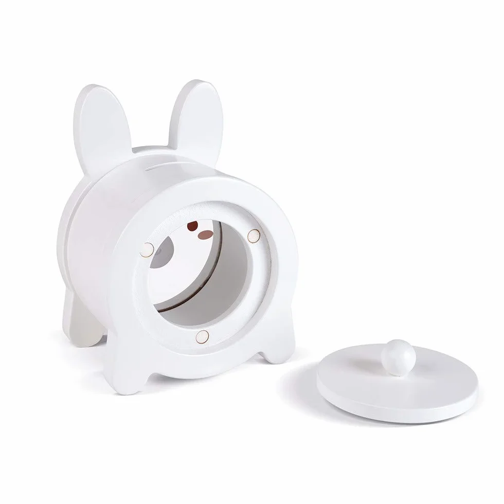 Janod - Rabbit Wooden Children’s Money Box 5.9 inch - See-Through Side and Magnetic Opening - Children's Room Decoration - Suitable for Ages 3 and Up, J04654