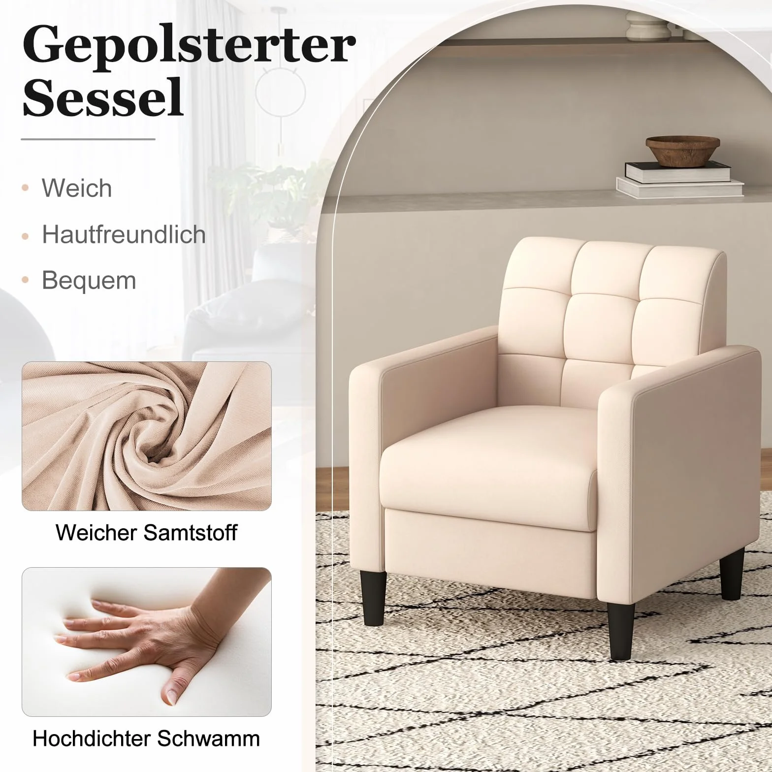 COSTWAY Nowoczesny fotel relaksacyjny, z aksamitu w stylu Mid-Century, tapicerowany fotel z tuftowanym oparciem, podłokietnikami i drewnianymi nogami do salonu, sypialni i biura domowego, beżowy