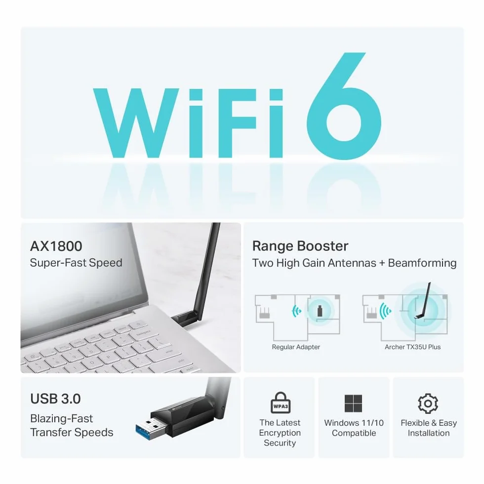 TP-Link Archer TX35U Plus WLAN Stick do PC, Wi-Fi 6 AX1800 Dual Band Adapter, USB 3.0, MU-MIMO, anteny o wysokim wzmocnieniu, szyfrowanie WPA3, kompatybilny z Windows 11/10