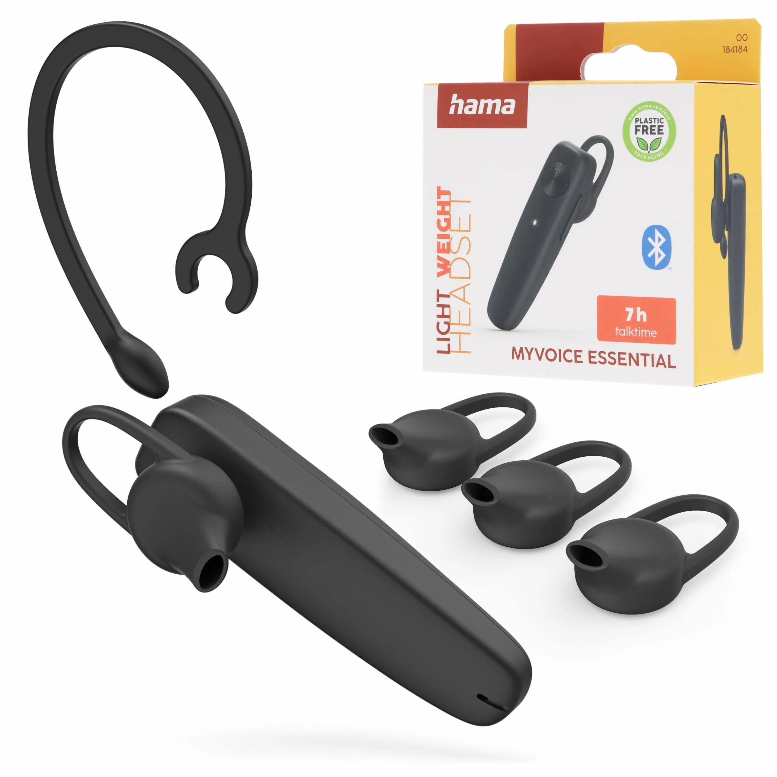 Hama MyVoice Essential słuchawka mono Bluetooth (ultralekka 9 g, multipoint – 2 urządzenia, obsługa Siri/Google Assistant, ergonomiczny zaczep, 3 rozmiary nauszników, czarna)