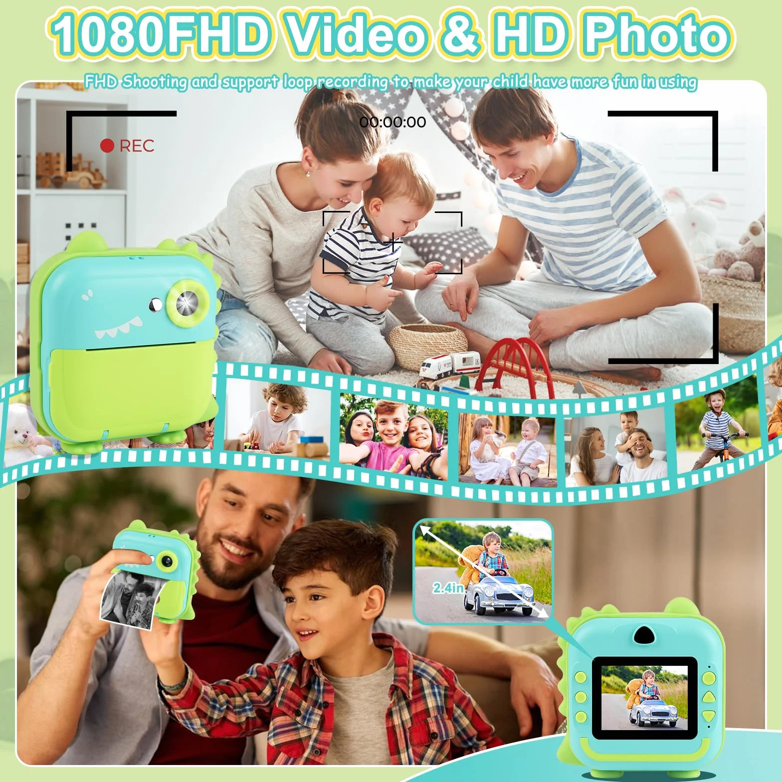GuKKK Aparat Cyfrowy dla Dzieci 1080P - Ekran 2,4 Cala, Natychmiastowy, z Kartą 32 GB, 10 Rolek Papieru do Drukowania, 5 Kolorowych Długopisów - Prezent
