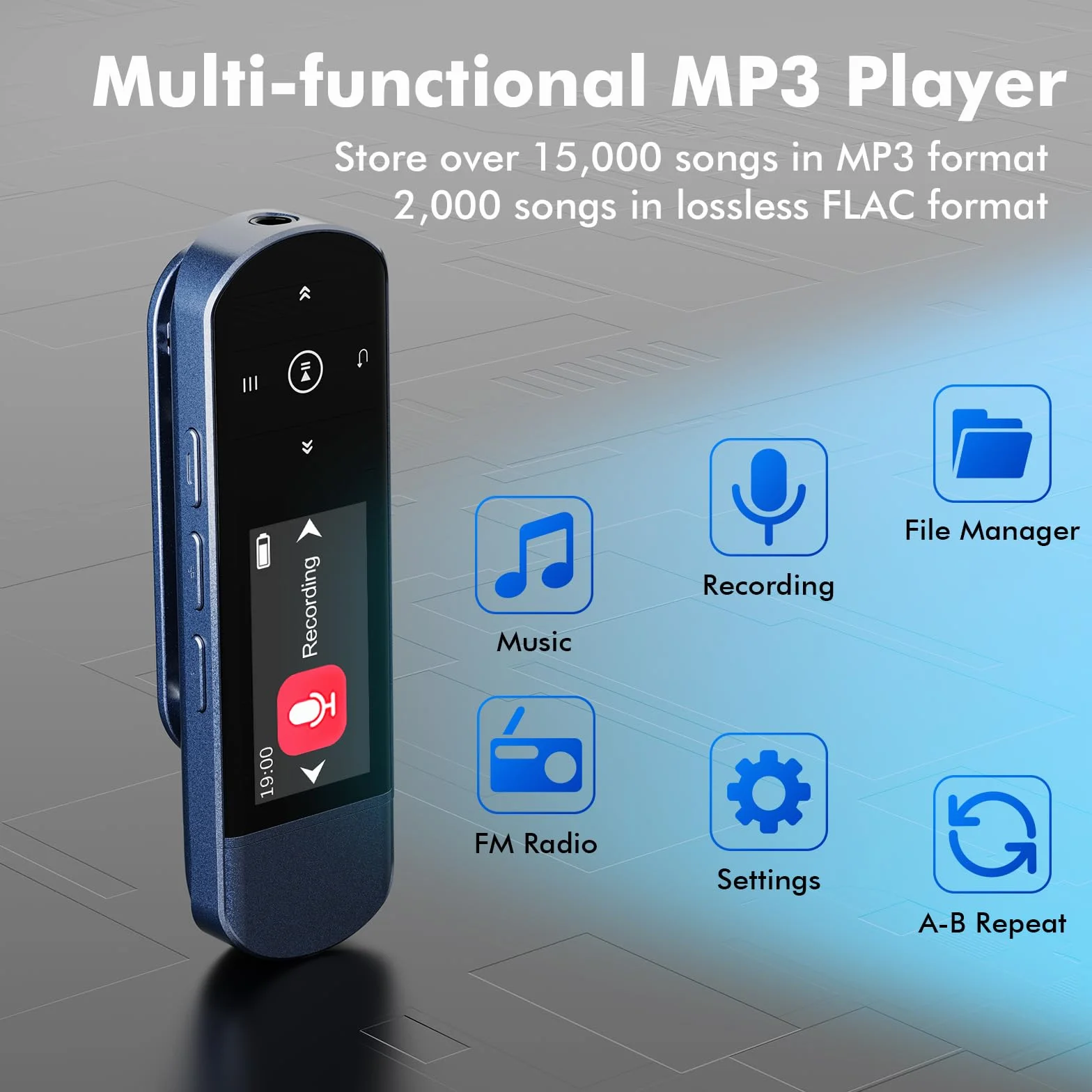 64GB Przenośny odtwarzacz MP3 z USB i Bluetooth 5.3, klips do sportu i biegania, radio FM, nagrywarka głosowa, przesyłanie plików z telefonu i cyfrowa funkcja losowania utworów
