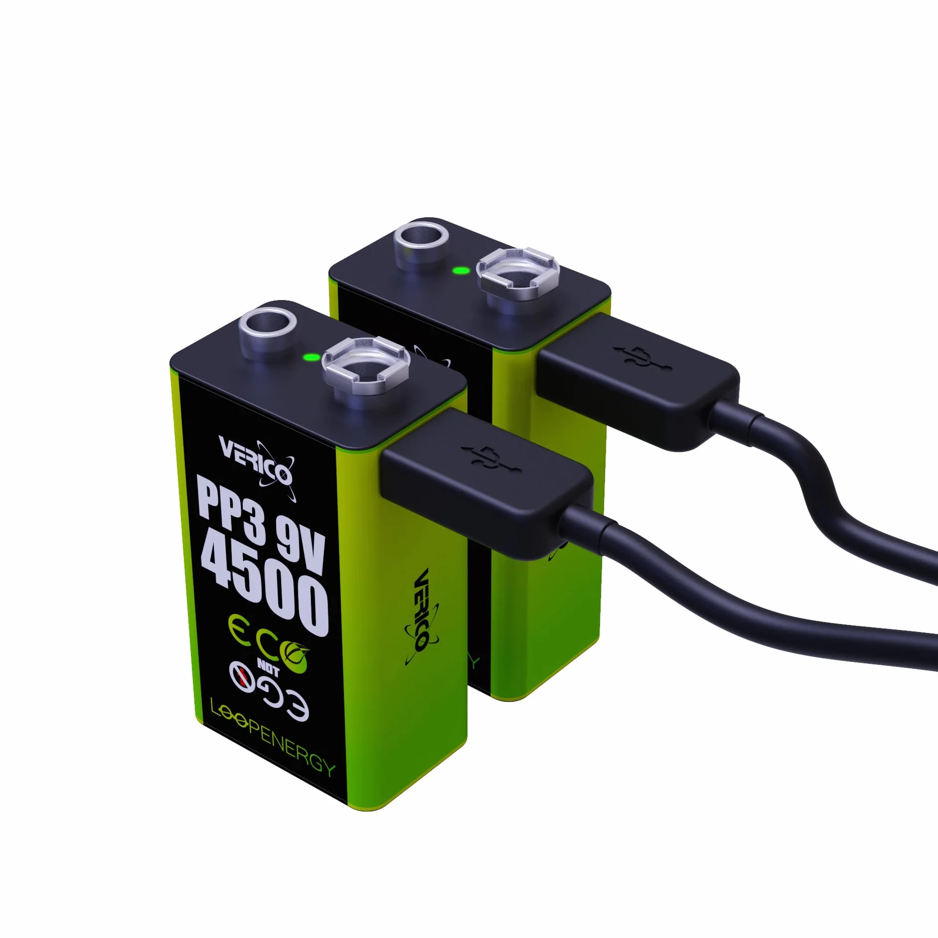 Verico LoopEnergy blok 9 V, 2 sztuki, PP3, 4500 mAh, akumulator USB-C, litowo-jonowy, 1 kabel do ładowania USB typu A na 2 x typ C