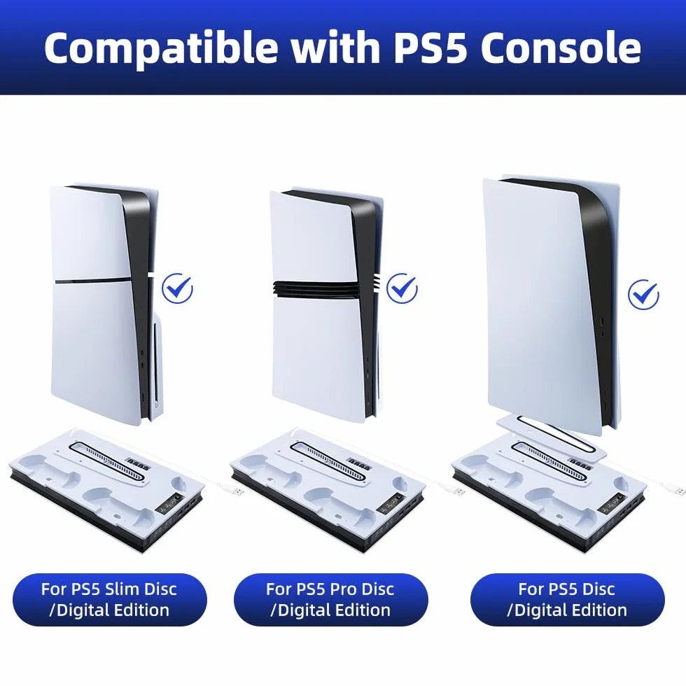 Wigearss Pionowy stojak na wentylator PS5 Slim z podwójnym kontrolerem, ładowarka do PS5/PS5 SlimPS5 PRO UHD/Digital Edition/