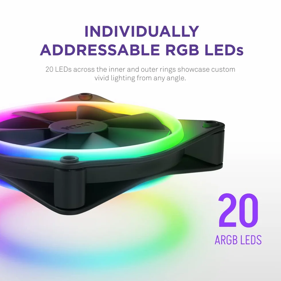 NZXT F120 RGB Duo Triple Pack - 3 x 120 mm dwustronne wentylatory RGB z kontrolerem - 20 indywidualnie adresowanych diod LED - zrównoważony przepływ powietrza i ciśnienie statyczne - PWM - czarny
