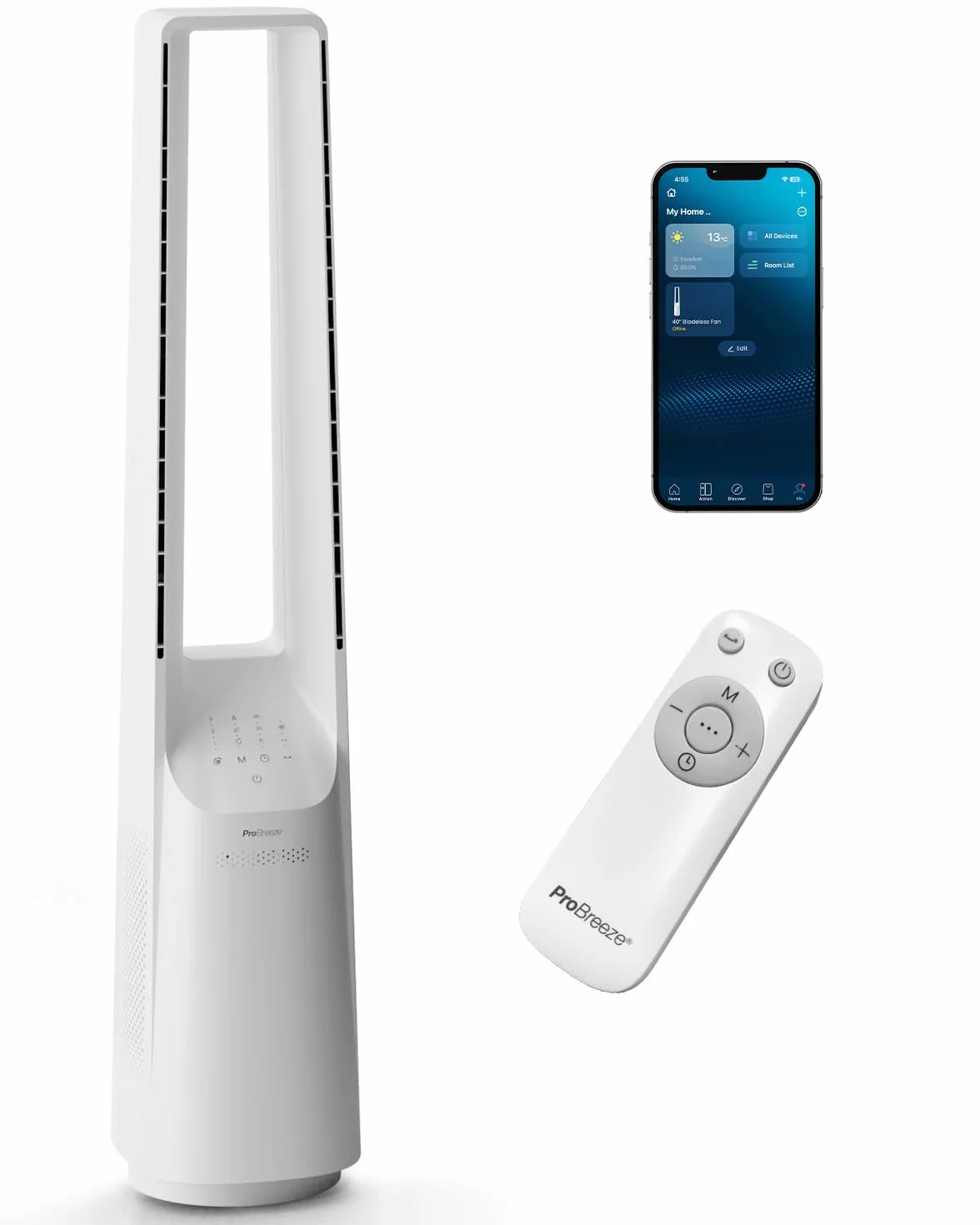 Pro Breeze OmniAir 105 cm bezłopatkowy wentylator kolumnowy z oczyszczaczem powietrza – super cichy, Wi-Fi, pilot, HEPA, LED, 10 prędkości, 5 trybów, oscylacja 60° – biały