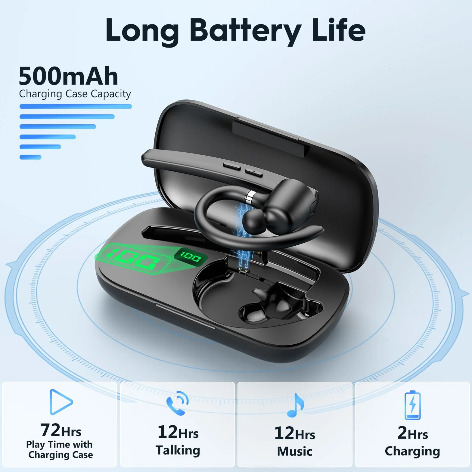 New Bee Zestaw słuchawkowy Bluetooth, 72H Talktime, bezprzewodowa słuchawka Bluetooth do telefonu komórkowego z etui ładującym 500 mAh, V5.1, podwójny mikrofon, redukcja szumów, słuchawki