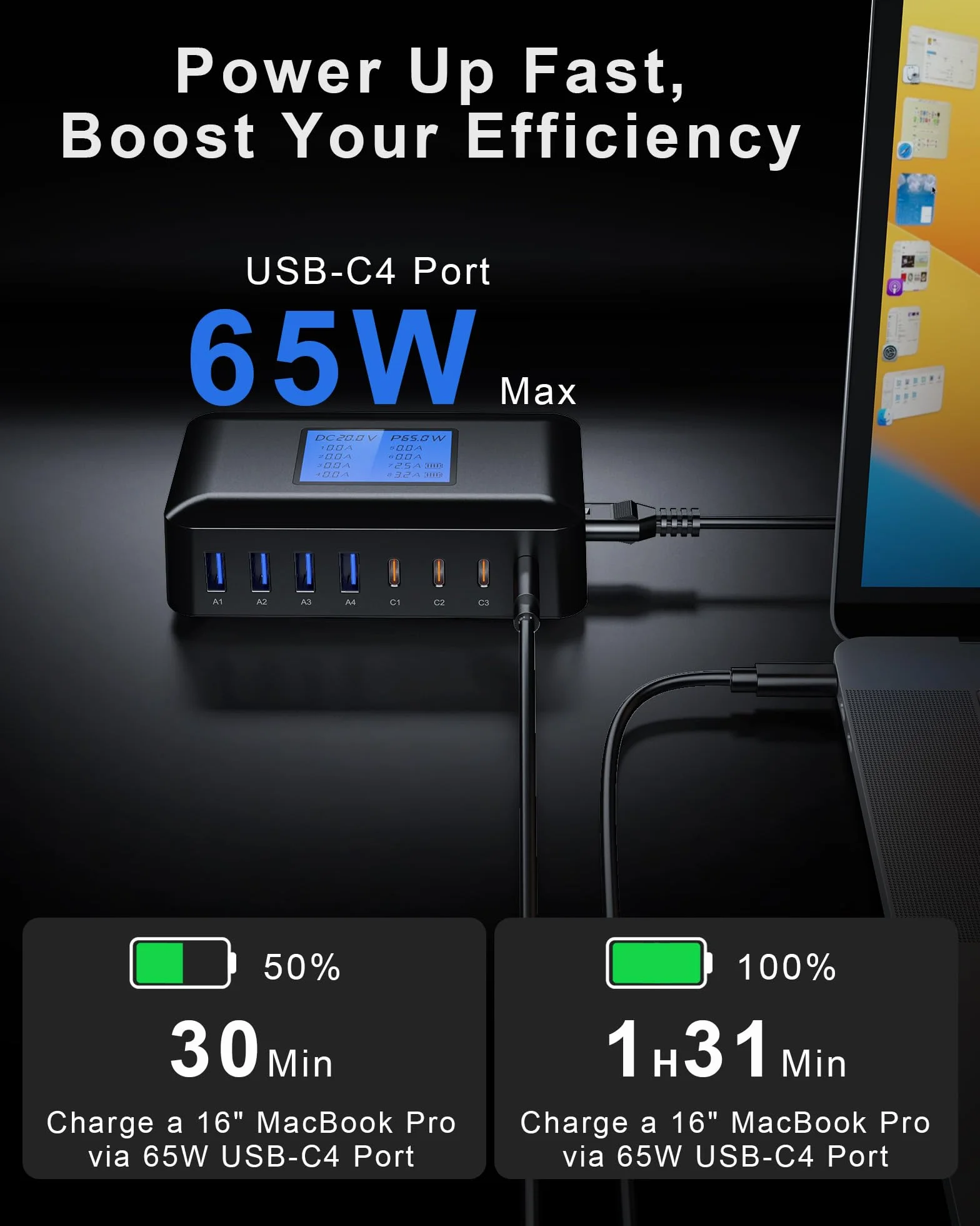 200 W Ładowarka USB C Multiple RENGOGA 8-portowa ładowarka USB z wyświetlaczem LED GaN Stacja ładująca Zasilacz do Macbooka iPhone 15 14 iPad Pro Air Samsung Galaxy Google Pixel - czarny