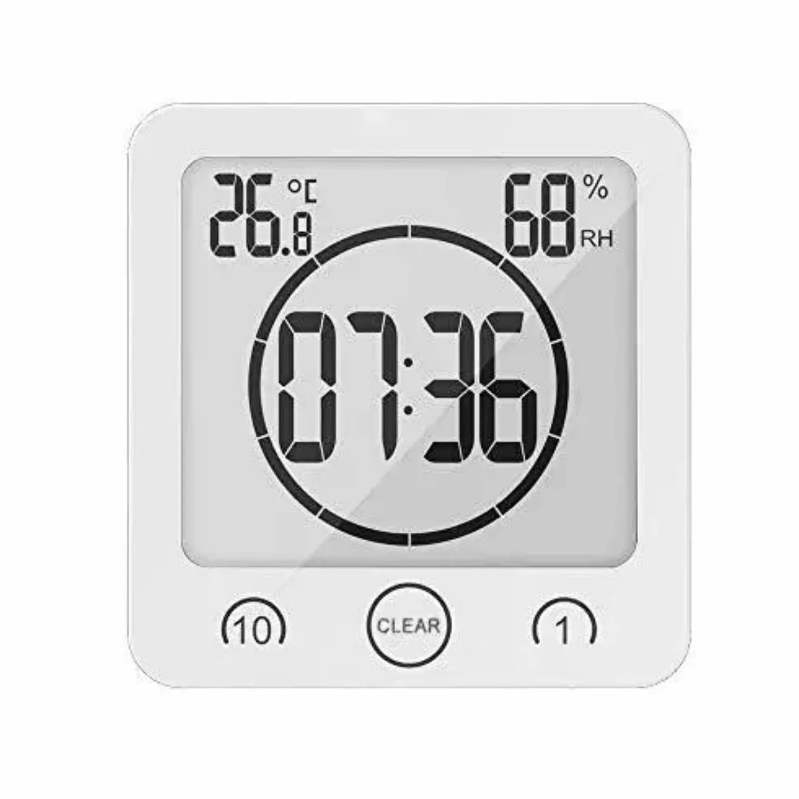 Cyfrowy zegar prysznicowy z budzikiem, wodoodporny timer łazienkowy, duży wyświetlacz LCD (czas/temperatura/wilgotność), 3 opcje montażu, do łazienki, kuchni, stacji do makijażu (biały)