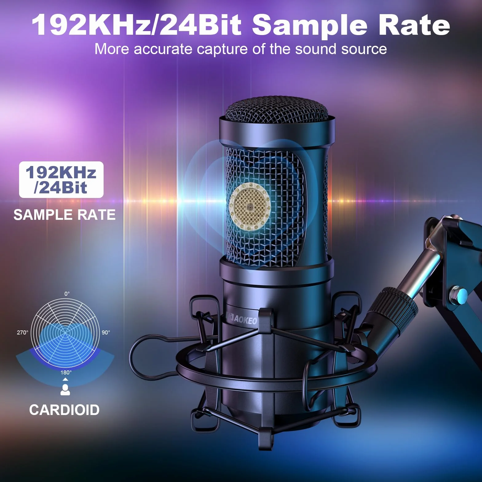 Aokeo AK-60 Mikrofon USB, 192 kHz/24-bit, do gier PC, ze stojakiem na ramię, uchwytem amortyzującym, filtrem pop, osłoną piankową, do podcastów, przesyłania strumieniowego, studia, karaoke, nagrywania