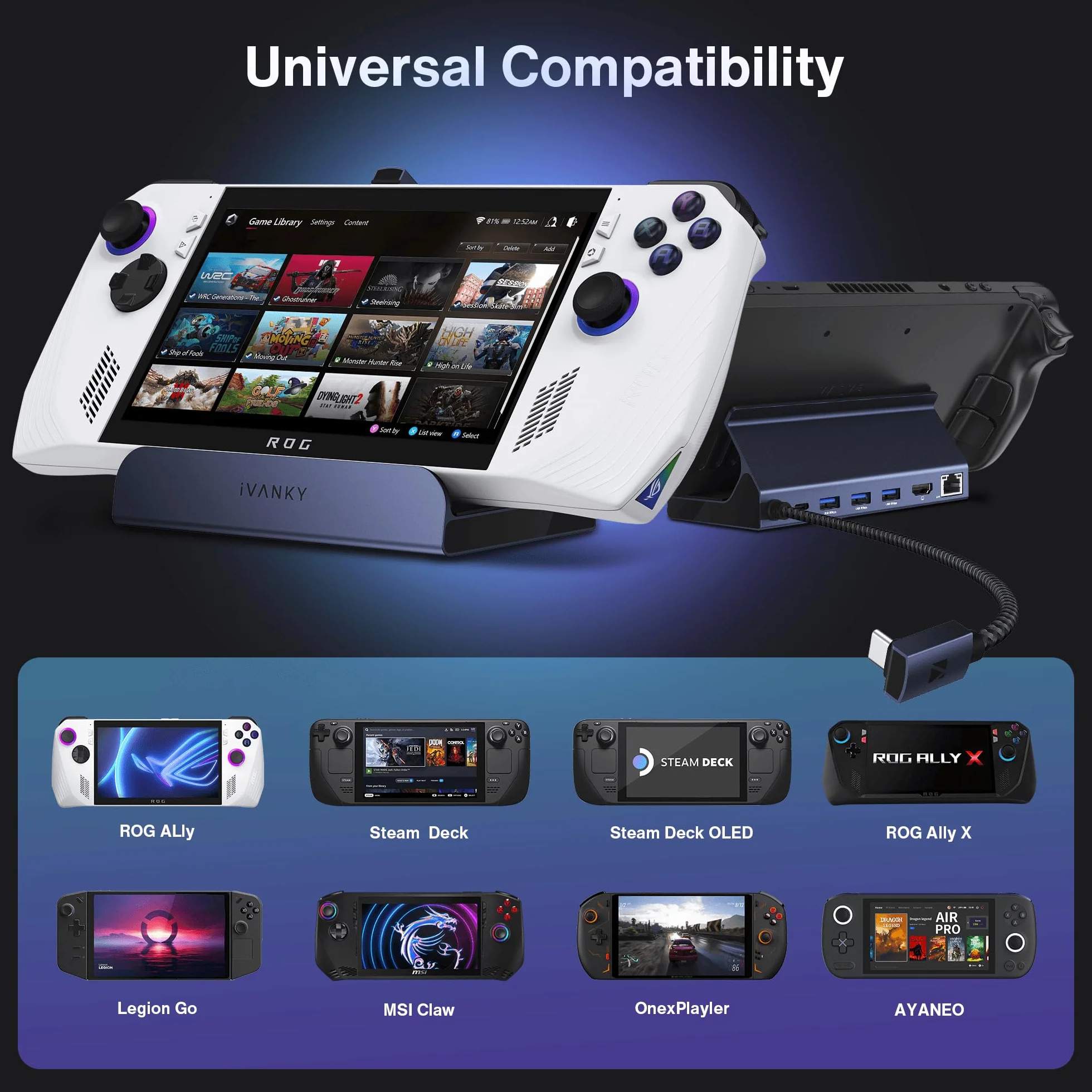 iVANKY 8-w-1 ROG Ally Dock HDMI 2.1 4K@120Hz 1Gbps Ethernet USB-A 3.0 100W USB-C Stacja Dokująca