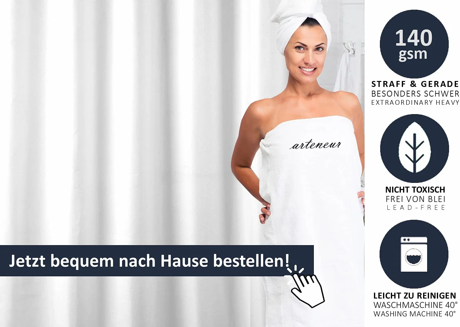 Arteneur Biała zasłona prysznicowa 120x180 cm Öko-Tex 100 wodoodporna odporna na pleśń nieprzejrzysta
