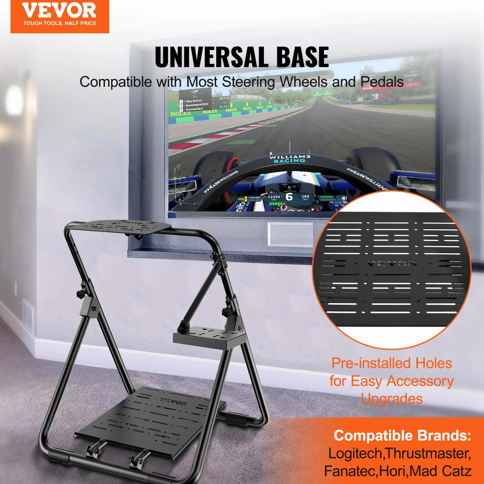 VEVOR Składany stojak na kierownicę wyścigową, uniwersalna podstawa z regulacją wysokości, kompatybilna z Logitech & Thrustmaster Racing Wheel and , wytrzymała rama Standard GT/Formuła Siedzenie