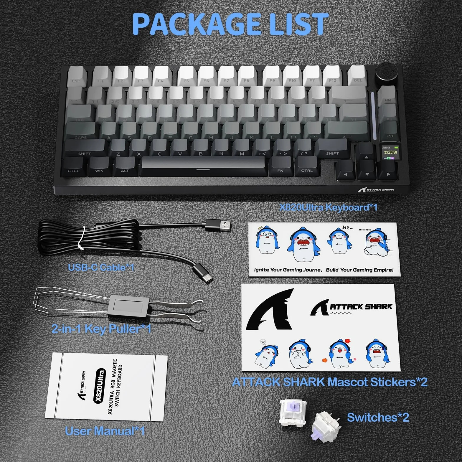 ATTACK SHARK X820 Ultra Bezprzewodowa Klawiatura Mechaniczna z Wyświetlaczem TFT i Pokrętłem, 75% Wymienne Przełączniki, Klawiatura Gamingowa, BT/2.4G/USB-C, RGB (Czarna Gradientowa–Switch Gift)
