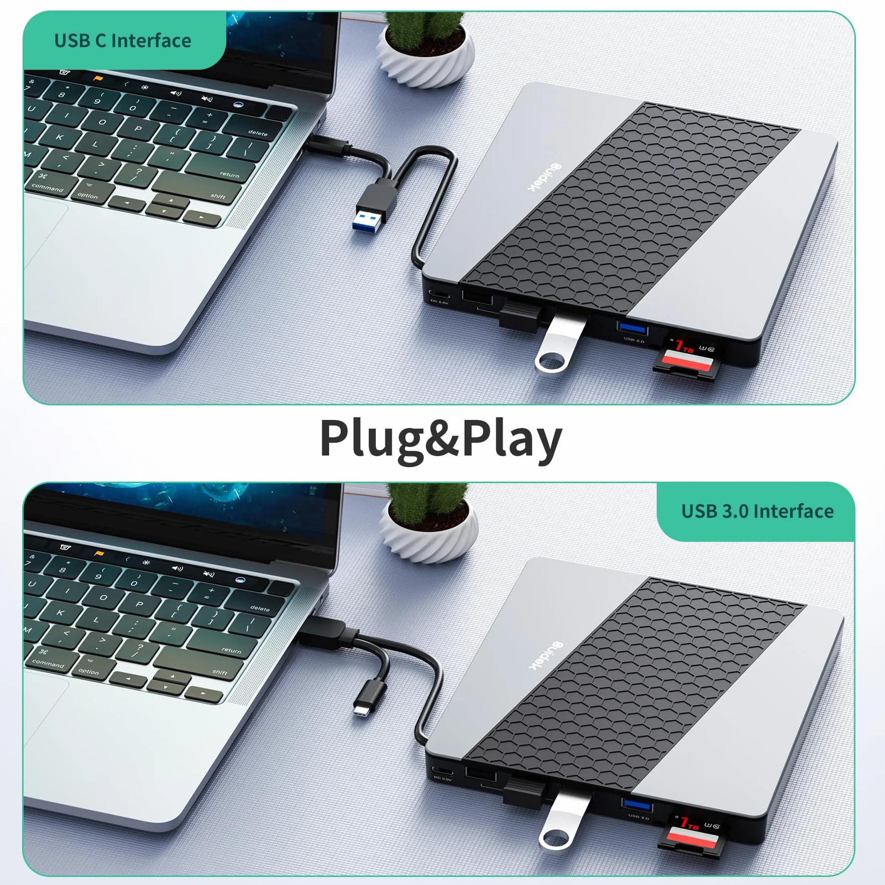 SUIDEK Zewnętrzny napęd CD/DVD, USB 3.0 USB C, przenośny odtwarzacz CD DVD +/-RW, odtwarzacz DVD z czytnikiem kart SD/Micro SD, koncentrator 7 w 1, kompatybilny z laptopem, komputerem stacjonarnym,