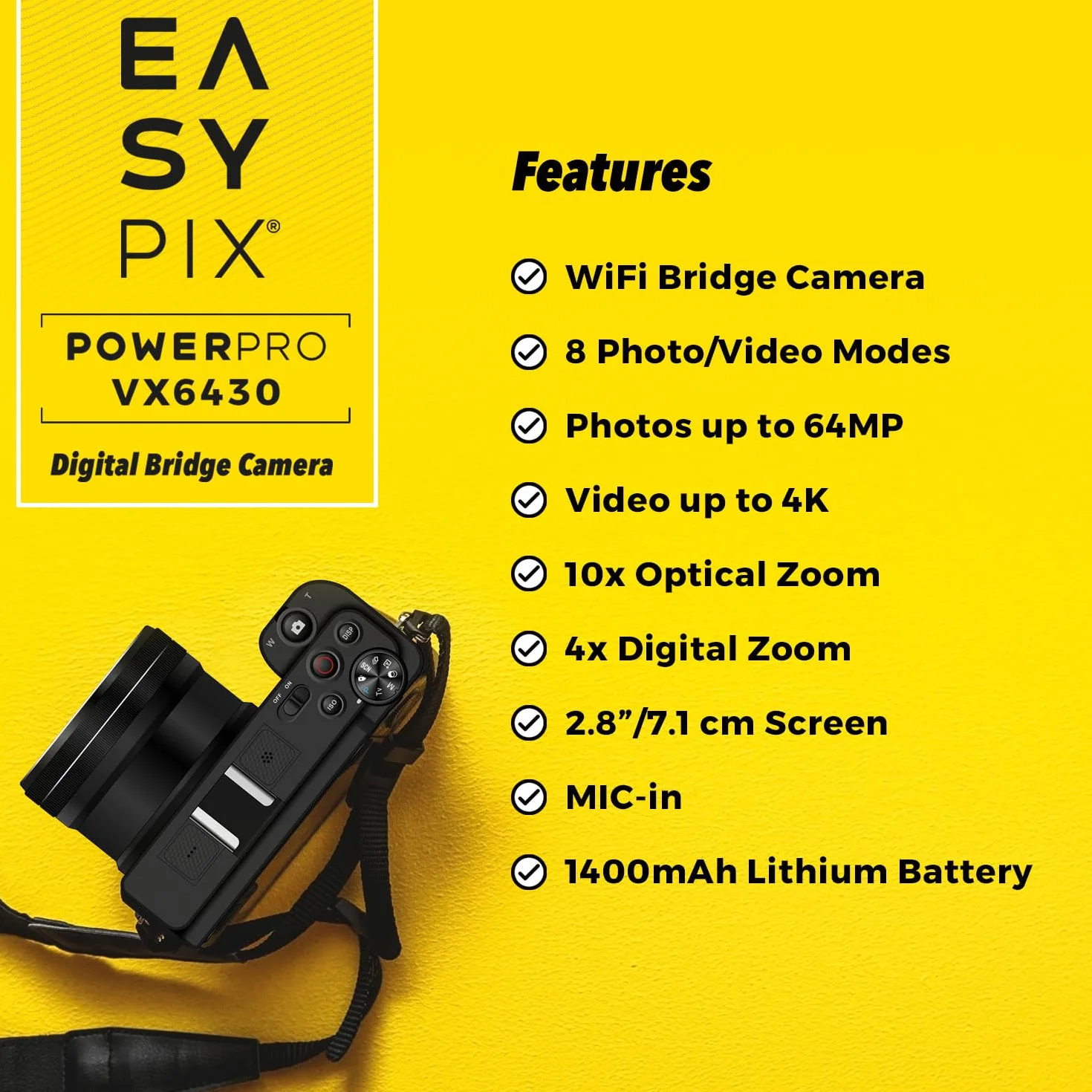 Easypix PowerPro VX6430, kompaktowa kamera systemowa z WiFi, 10 x zoom optyczny, rozdzielczość do 64 MP, wyświetlacz 2,8", złącze mikrofonowe
