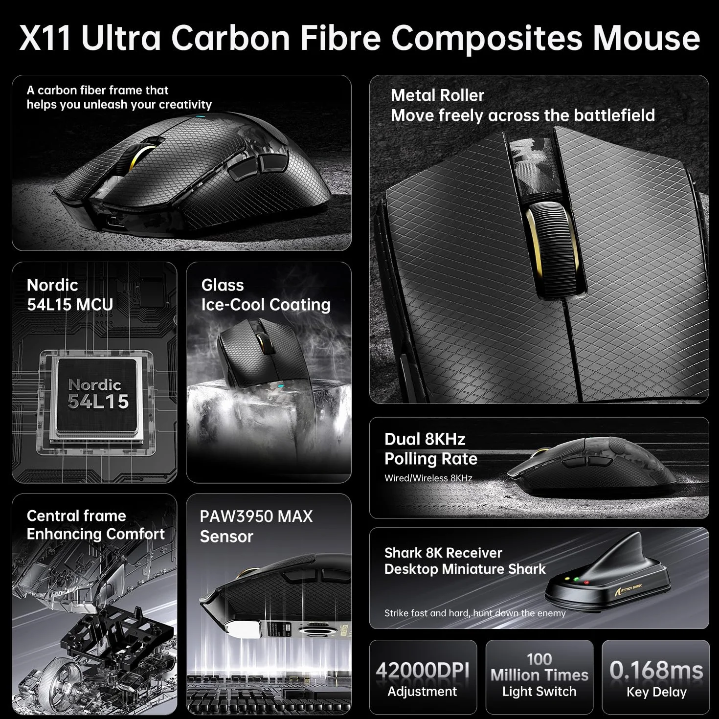 ATTACK SHARK X11 ULTRA Wireless Gaming Mouse, Ultra-Light 63g, 42K DPI, 8K Polling, Nordic Chip, Carbon Fiber, for Esports & Pro Gamers