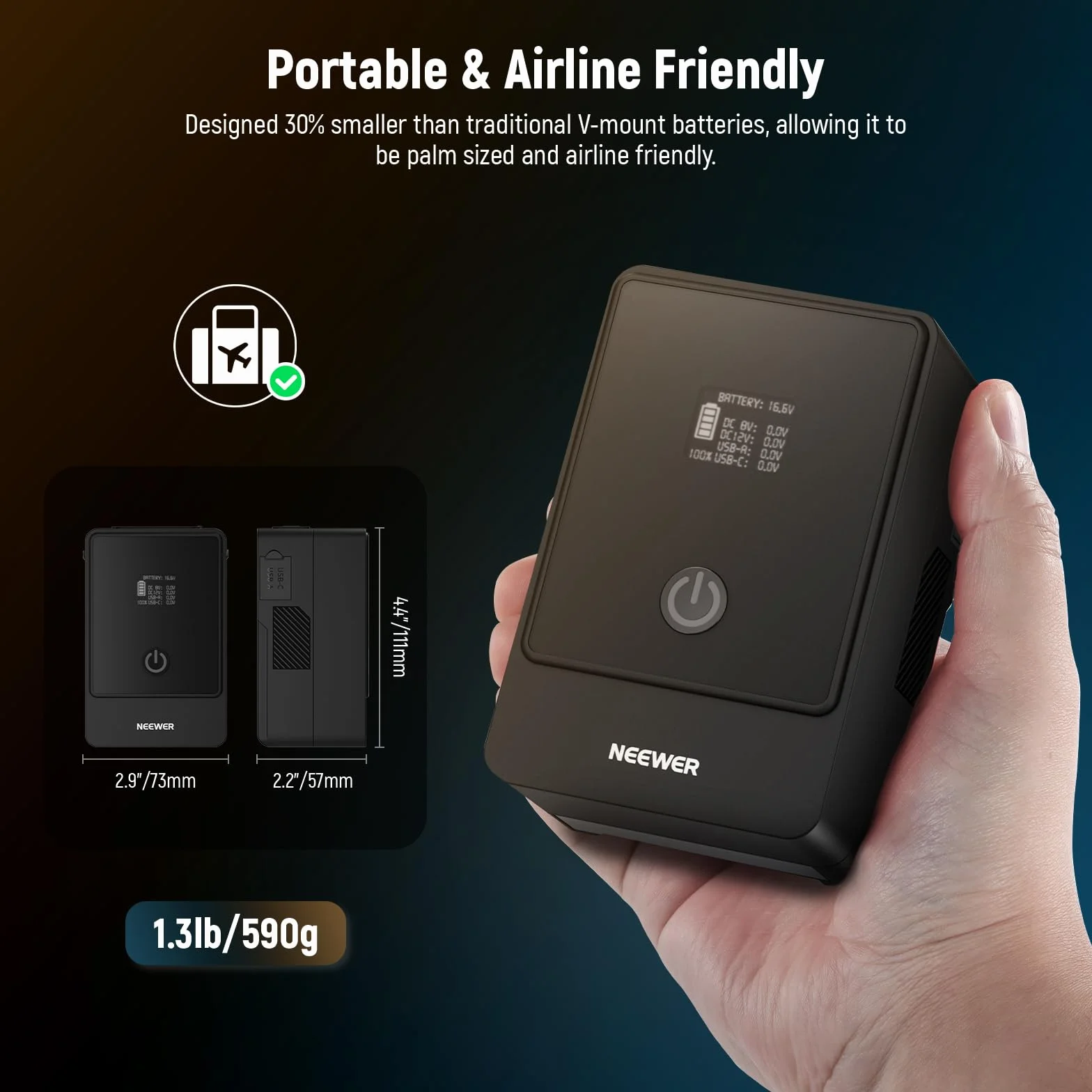 NEEWER Bateria mini V, 6800 mAh, 99 Wh, 14,5 V, bateria mini V z 65 W PD typ C/D Tap/BP/USB A/podwójny port DC/wyświetlacz OLED do kamery wideo kompatybilny z SmallRig BMPCC 4k 6k, PS099E