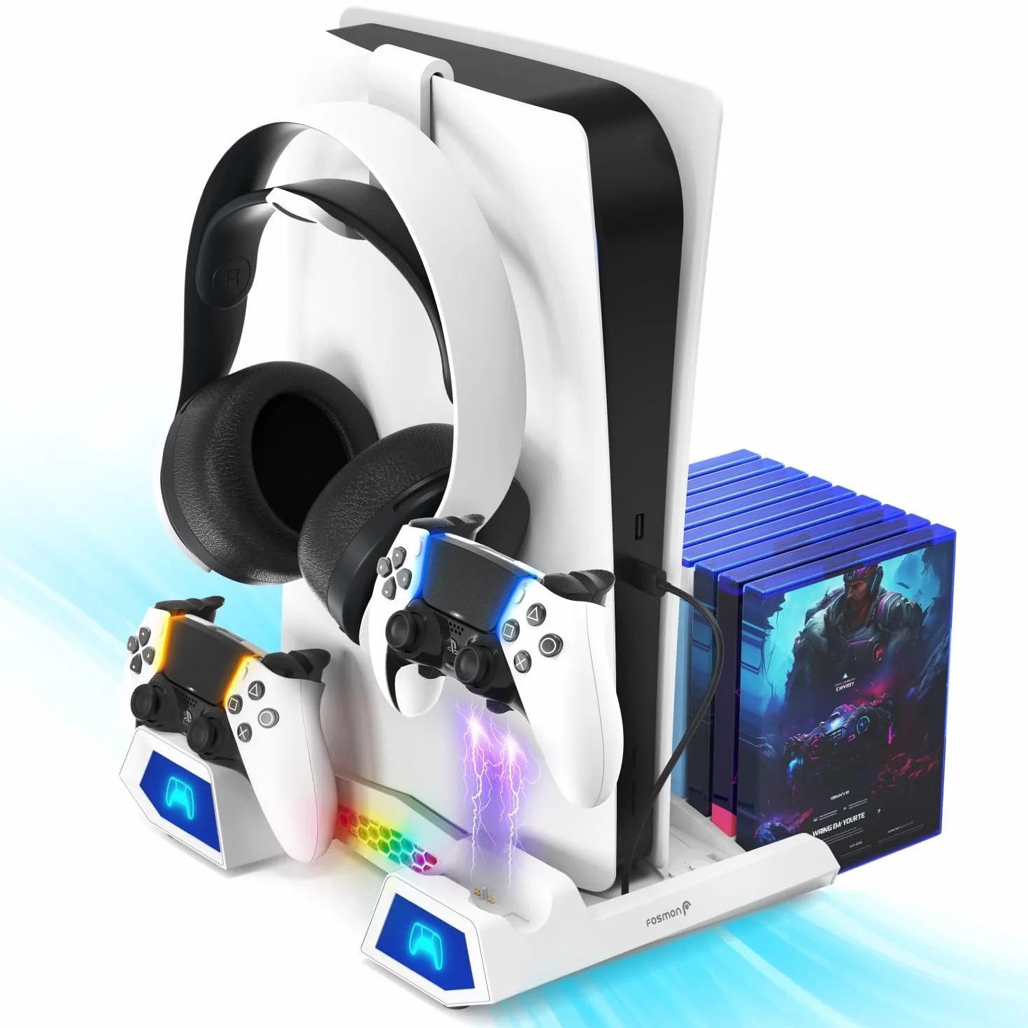 Fosmon Stacja stojąca i chłodząca PS5 z oświetleniem RGB LED, podwójna stacja ładująca do kontrolera DualSense/Edge, 10 gniazd gier, uchwyt na słuchawki (kompatybilne z Playstation 5 Slim Disc i