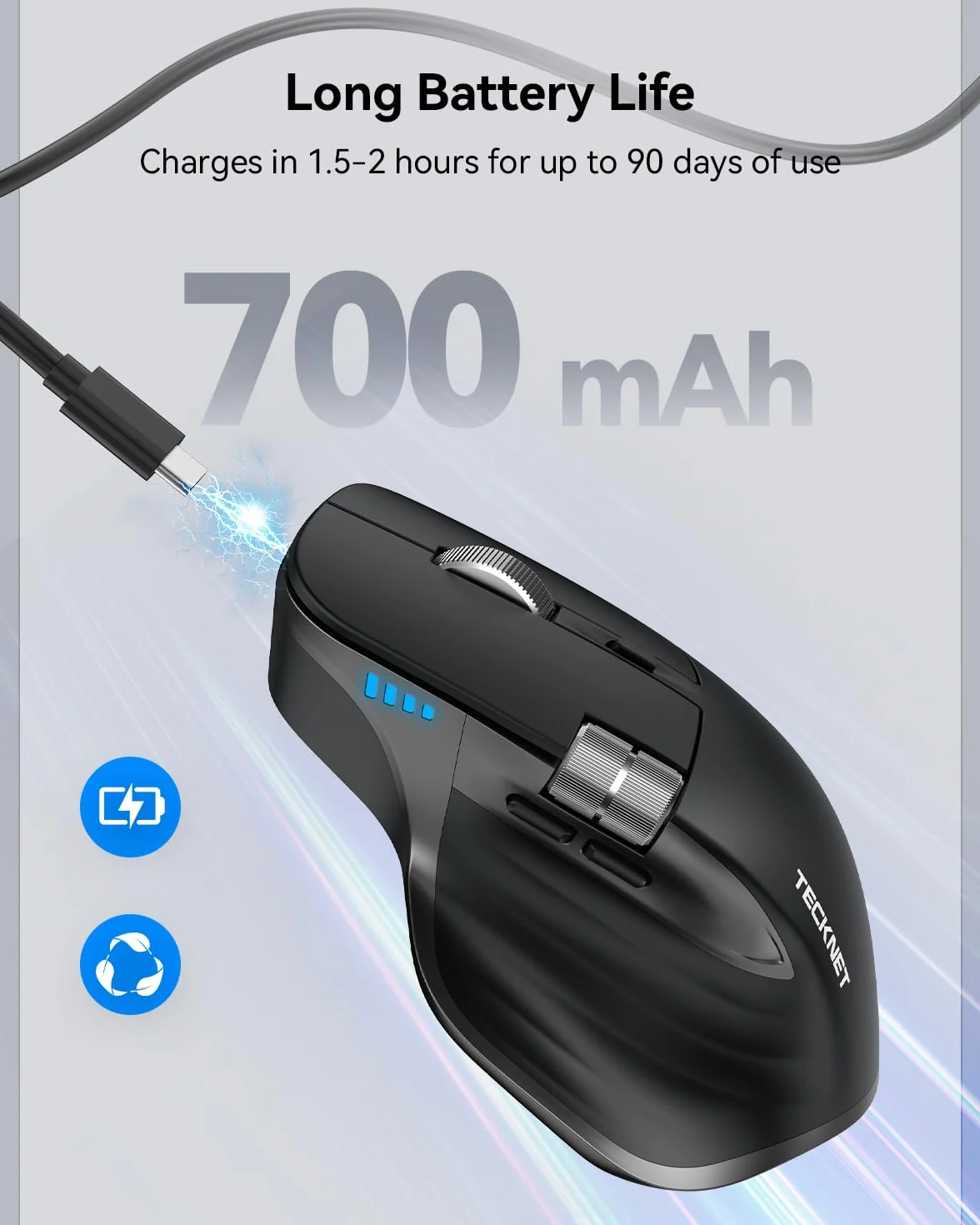 TECKNET Bezprzewodowa Mysz Bluetooth (BT 5.3/5.0+2,4G), Boczne Kółko Przewijania, Ładowalna Mysz Ergonomiczna, Ciche Klikanie, 4800 DPI, 7 Przycisków, dla Mac OS, Windows, Czarna