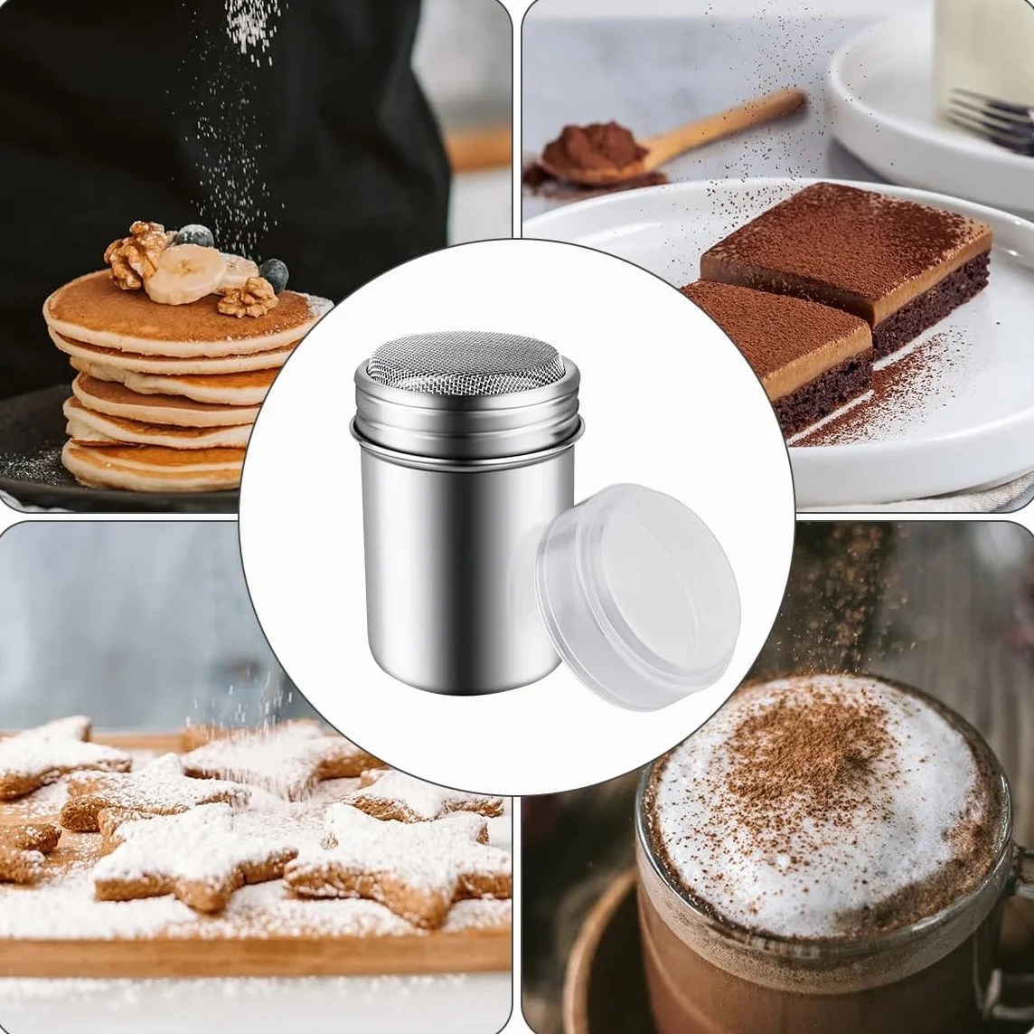 Zestaw 2 cukierniczek w proszku, solniczka, kakao, mąka i przyprawy do cappuccino