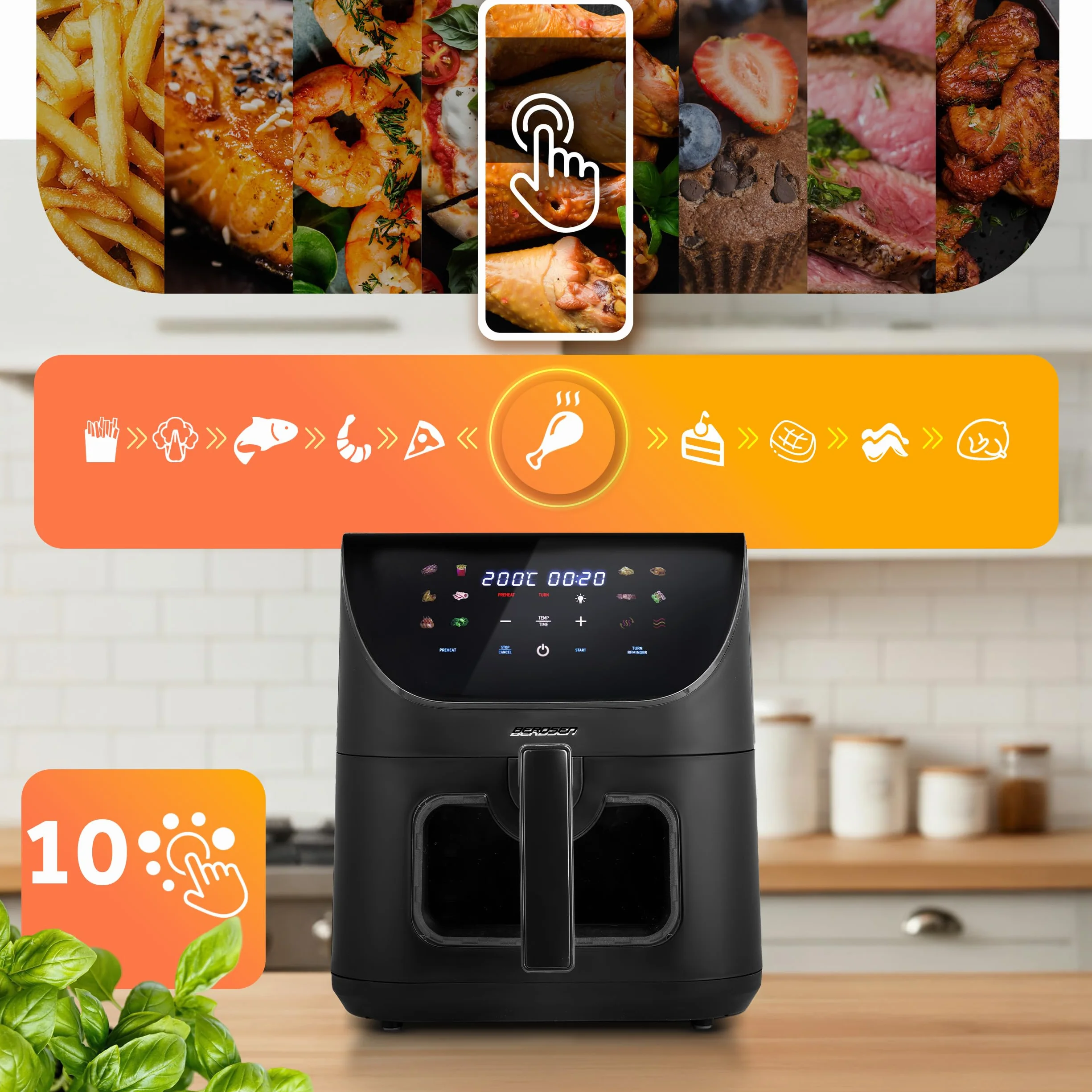 Berdsen Frytkownica Beztłuszczowa XXL 8L Airfryer z Okienkiem Ekranem Dotykowym 1700W 12 Programów Czarna