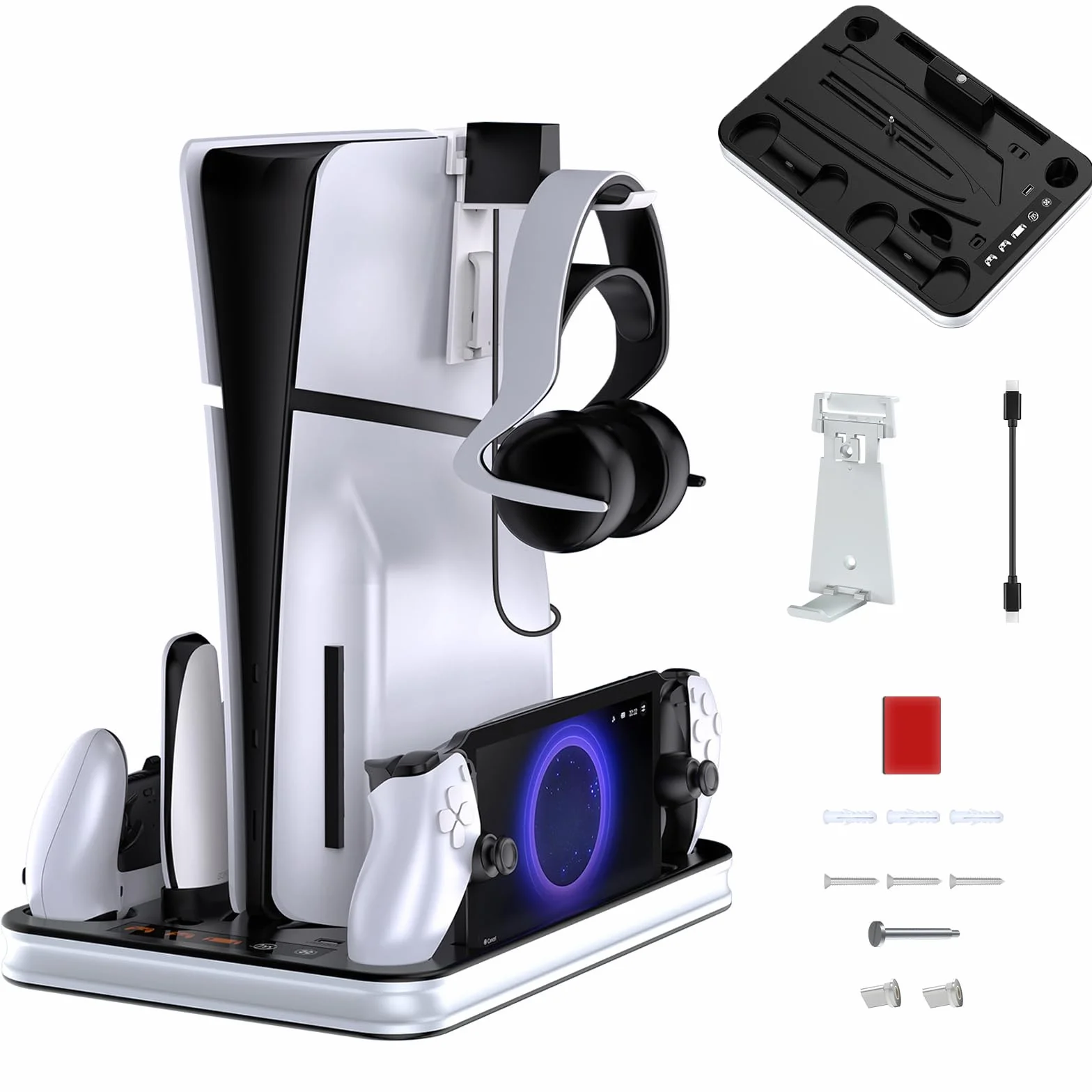 PS5/PS5 Slim stojak z wentylatorem chłodzącym, podstawa chłodząca do PS5 z 3 poziomami wentylatora/lampkami LED/haczykiem na słuchawki, akcesoria do PS-5/PS-5 Slim