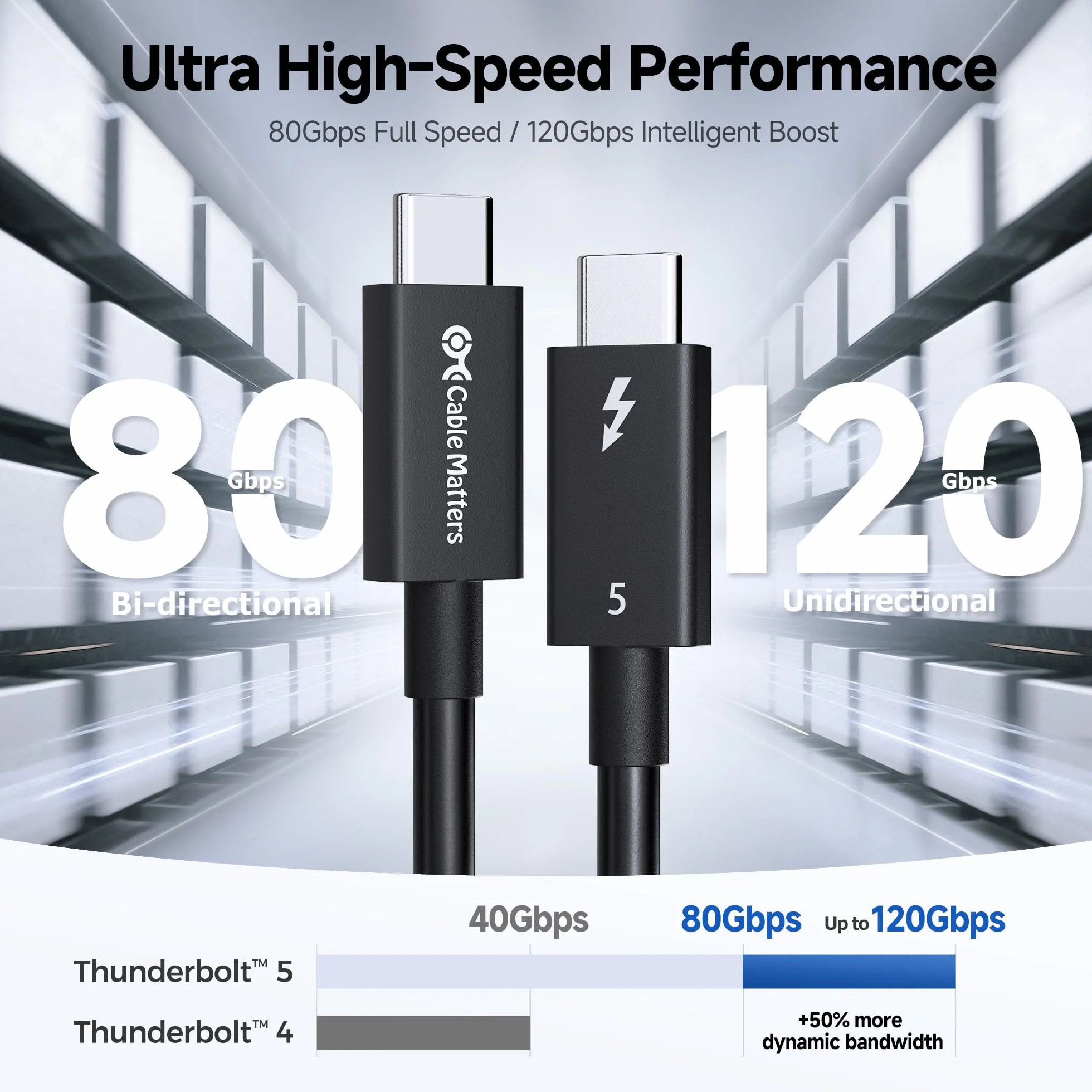 [Certyfikat Intel] Cable Matters kabel Thunderbolt 5 80Gb/s - 1m, Bandwidth Boost do 120Gb/s, ładowanie 240W PD 3.1, zgodny z Thunderbolt 4/USB4/USB-C, czarny