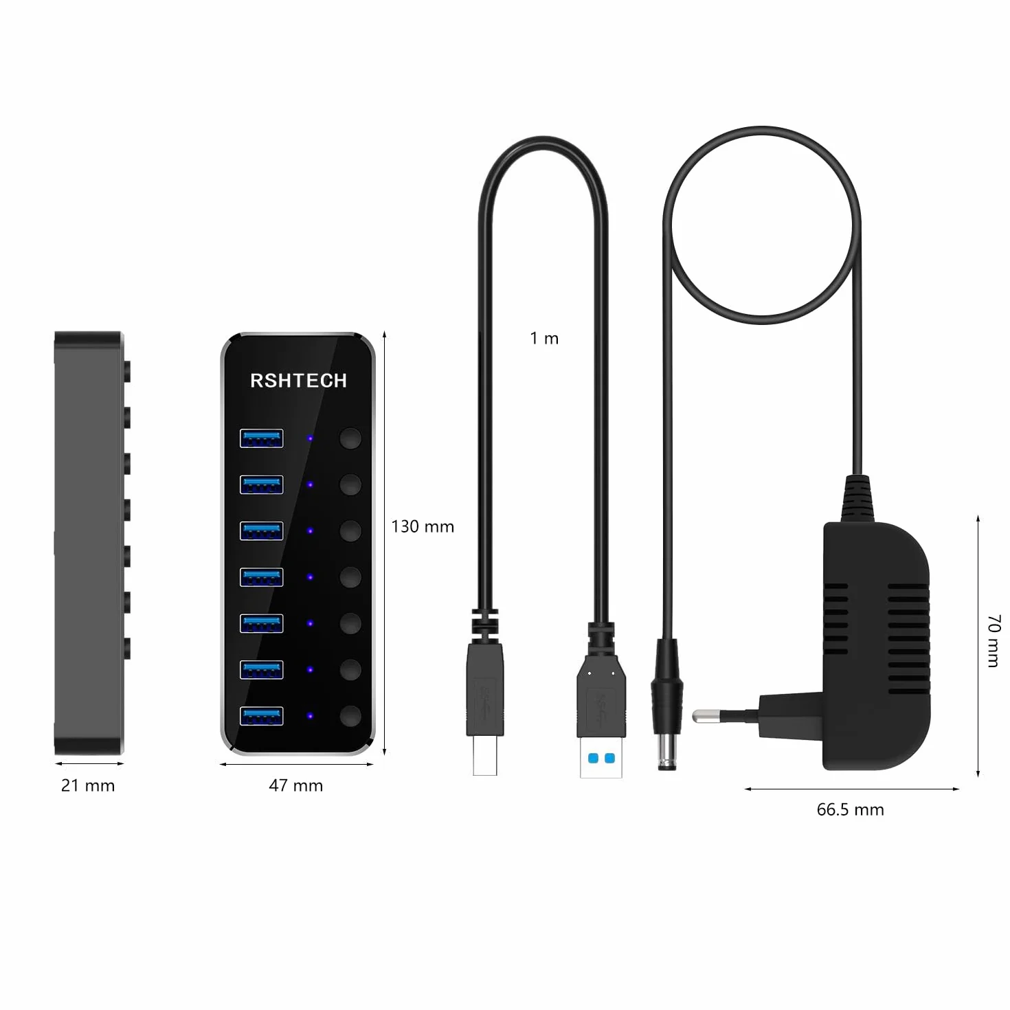RSHTECH Hub USB 3.0 z 10W Zasilacz Aluminiowy 7 portów USB 3.0 Hub Expander do ładowania i przesyłania danych z adapterem 5V/2A i indywidualnymi włącznikami/wyłącznikami（RSH-518）