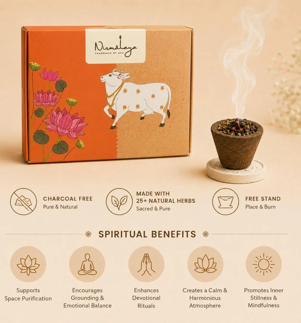 Nirmalaya Organiczne kubki do sambrani (15 szt.) | Desi Cow Dung Dhoop kubki dla Pooja- Jatamassi, Loban, Guggal